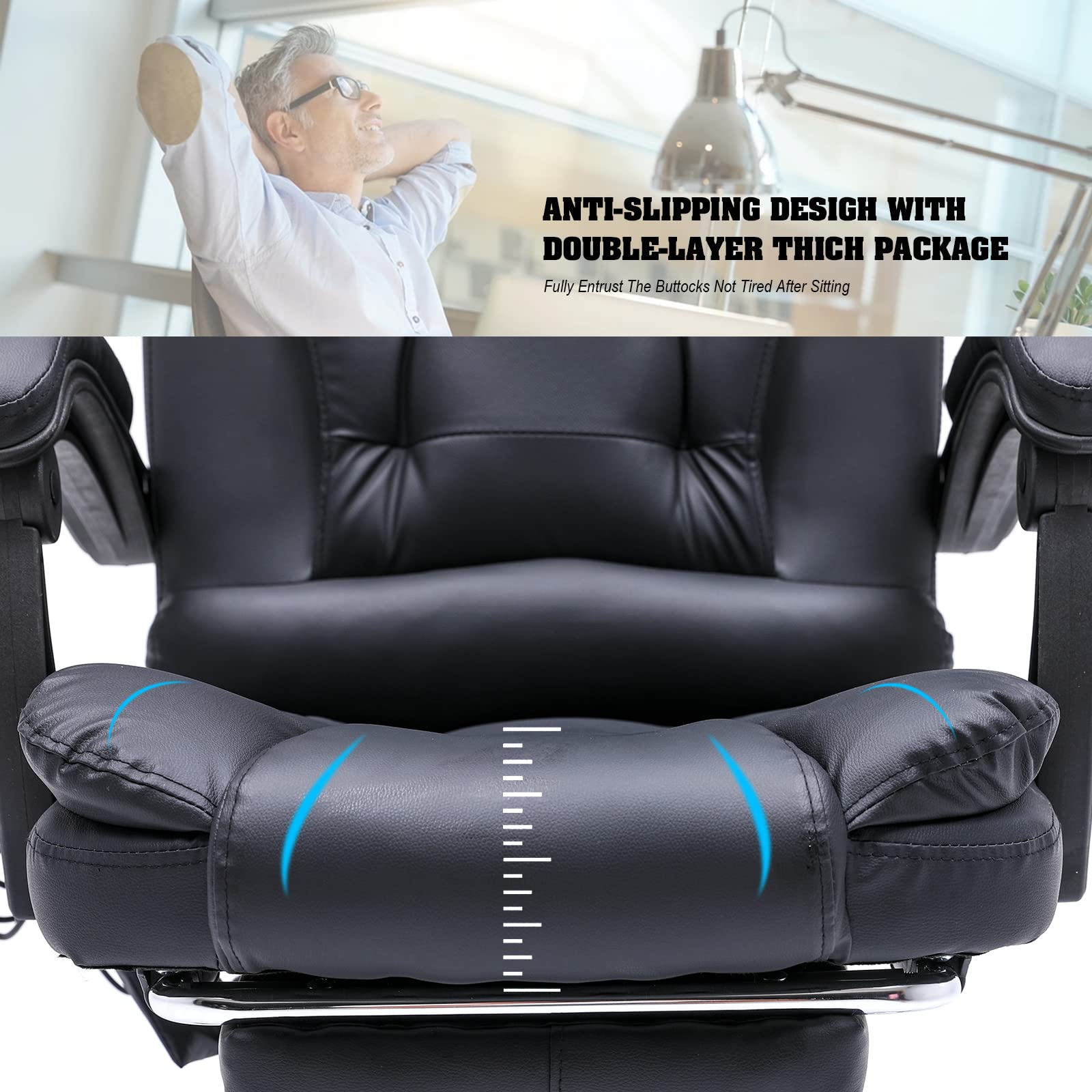 Ergonomic Reclining Office Chair with Massage & Heat - PU Leather Executive Computer Chair with Footrest & Padded Armrest - High Back Swivel Recliner for Home Office, Study, or Gaming - Black
