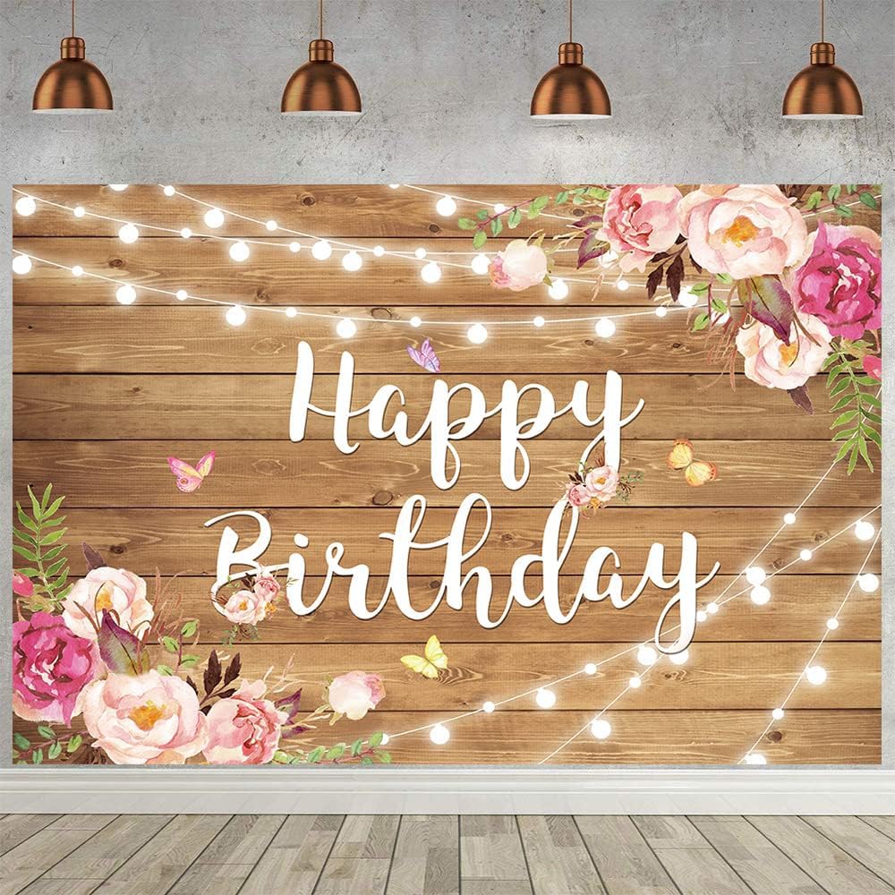 Rustic Wood Floral Birthday Backdrop - Spring Flower Wood Glitter Photography Background for Women, Kids & Adults - Perfect for Birthday Parties, Weddings, Photo Booths, Cake Table Decorations and Special Events