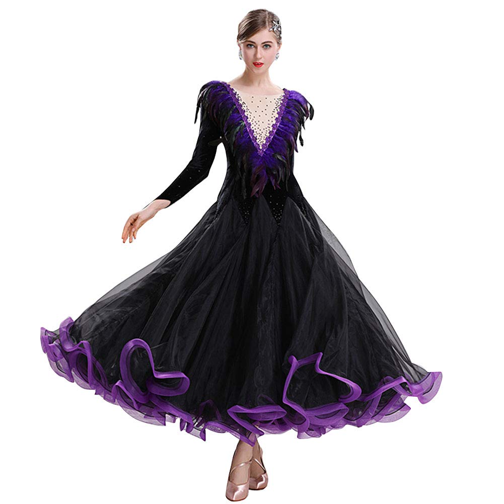 Elegant Ballroom Dance Dress for Women - Feather Big Swing Collar Competition Dress - Perfect for Latin, Standard & Swing Dancing Events