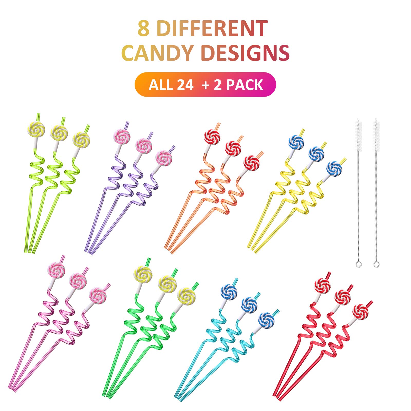 Colorful Reusable Plastic Drinking Straws for Kids - 24 Pack with 2 Cleaning Brushes | Candy Lollipop Theme Birthday Party Supplies, Baby Shower, Pool Party & Summer Celebrations
