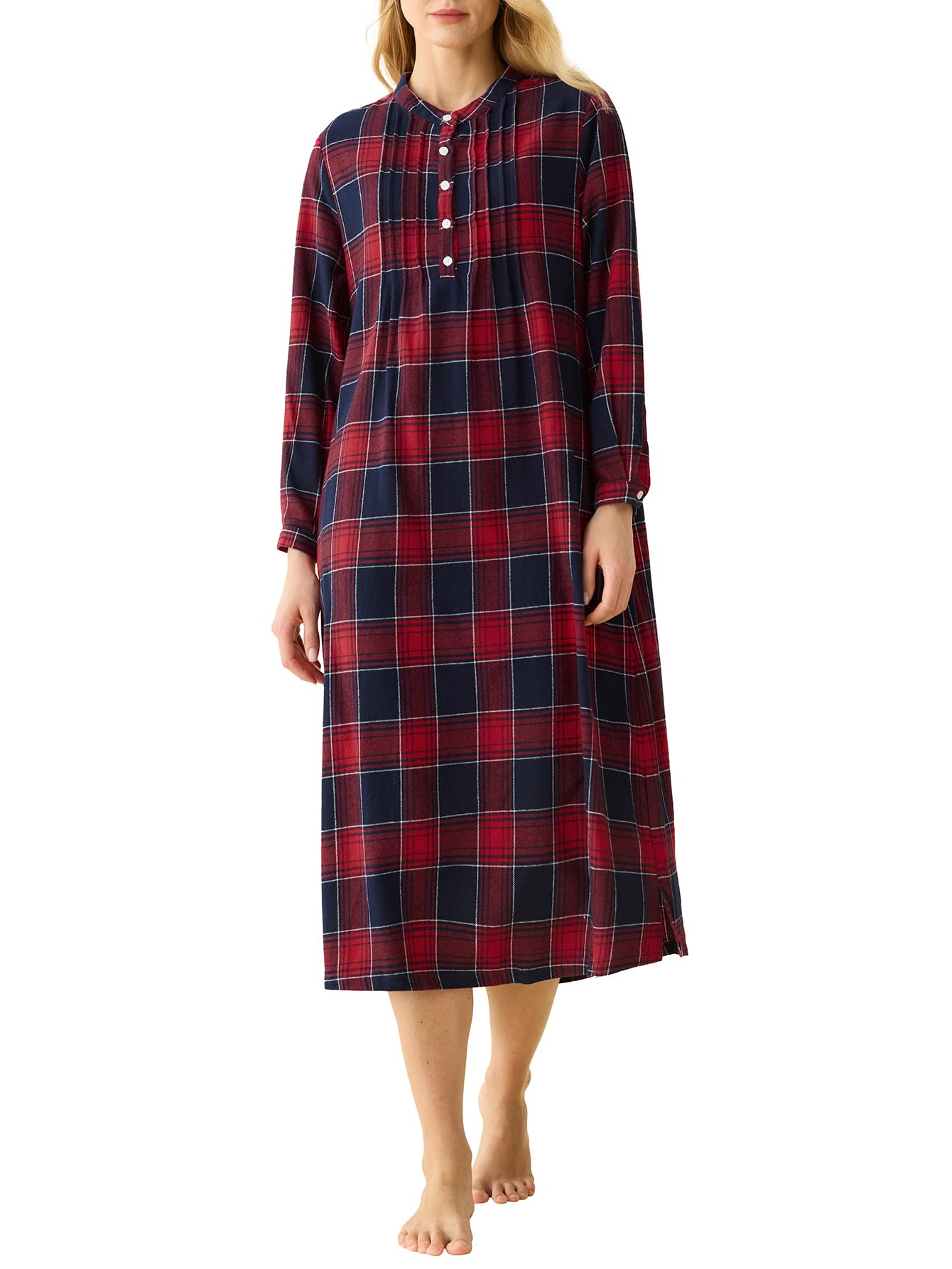 Women's Long Sleeve Cotton Plaid Flannel Nightgown with Pockets - Soft & Comfortable Sleepwear for Winter, Cozy Loungewear at Home, Perfect Gift for Mom & Wife