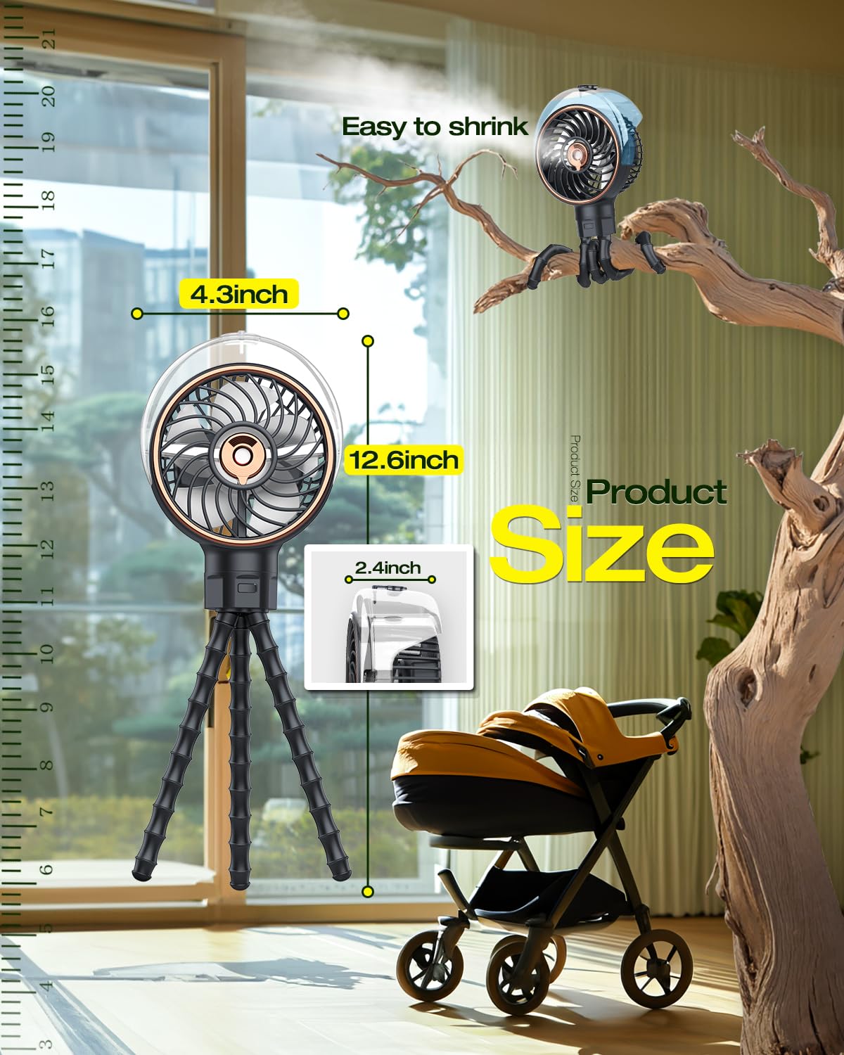 Portable Misting Baby Stroller Fan with 100ml Water Tank - Clip On Cooling Fan for Outdoor, Crib, Car Seat & Travel | Detachable Tripod, Handheld & Desk Use for Home, Office, Gym & Treadmill Workouts