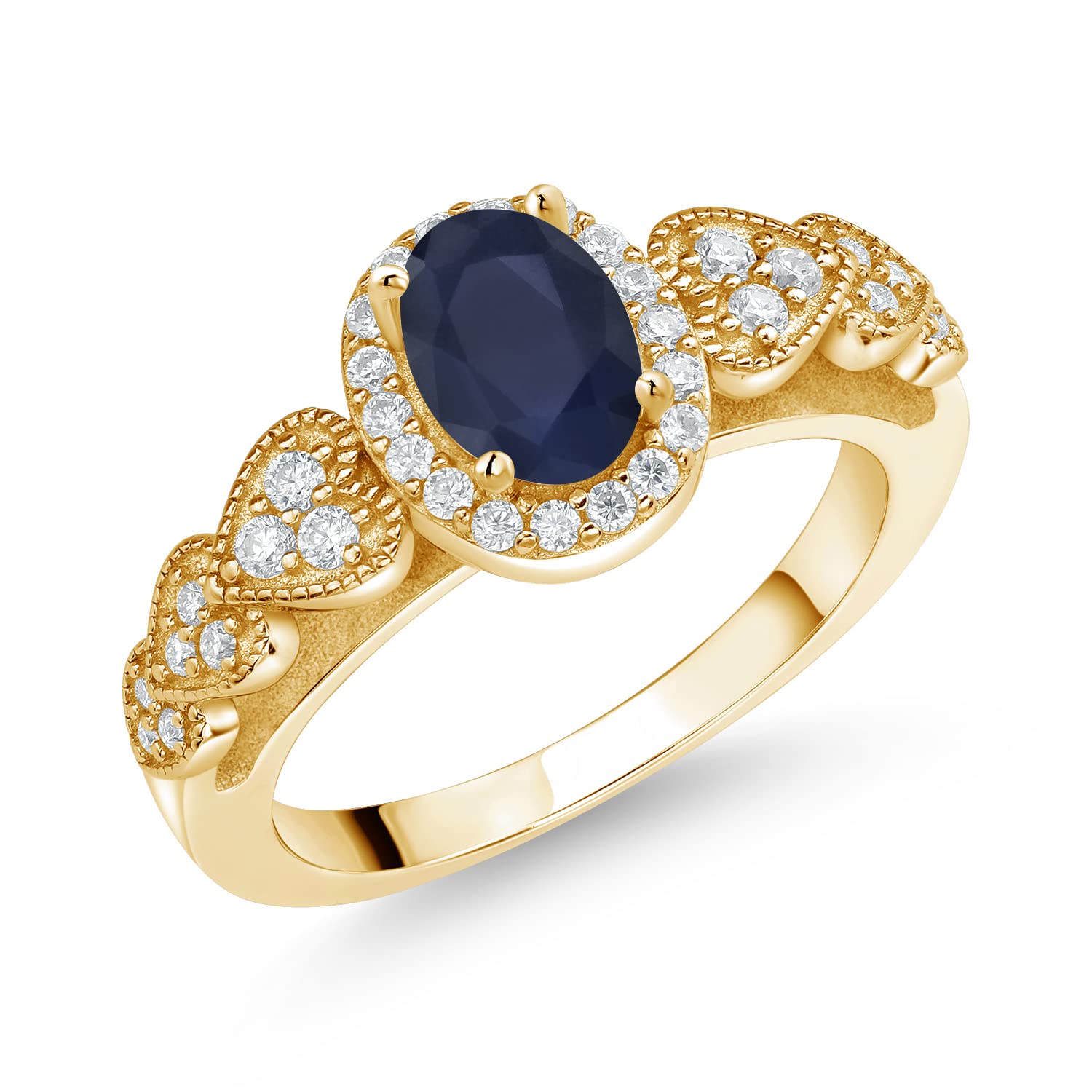 Gem Stone King 18K Yellow Gold Plated Silver Heart Design Ring with Oval Sapphire & Moissanite (1.18 Cttw) - Elegant Jewelry Gift for Women, Perfect for Valentine's Day, Anniversary & Romantic Occasions