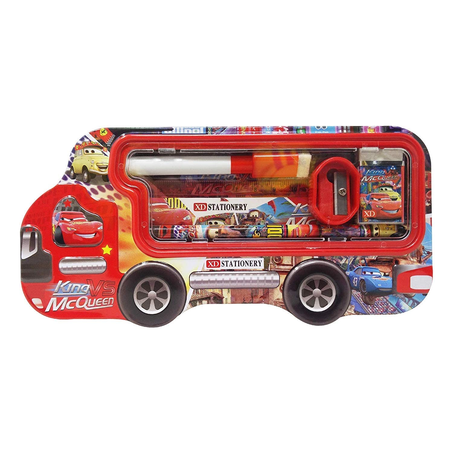 Spocco | Multicolor Cartoon Van-Shaped Metal Pencil Case with Accessories for Kids - School Supplies, Backpack Organizer, Gift for Students