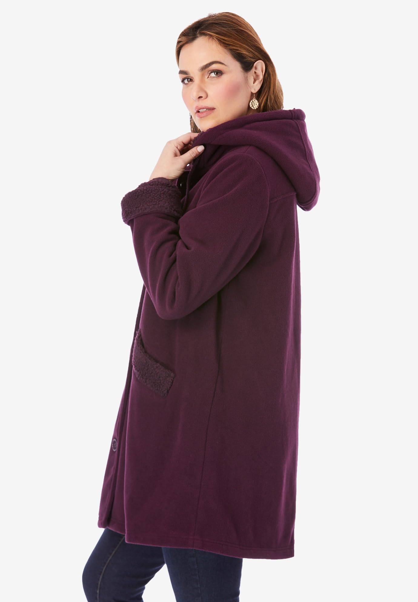 Roaman's Women's Plus Size Hooded Fleece Jacket with Button Front - Warm Winter Coat for Casual Outings, Outdoor Activities & Layered Fashion