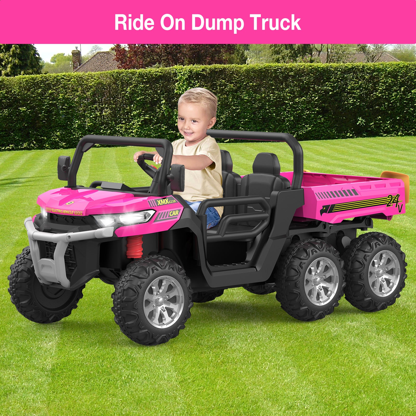 GARVEE 24V Kids Ride On Dump Truck - 2 Seater 6X6 Electric UTV with Remote Control | Battery Powered 6 Wheeler Toy Car for Boys & Girls Ages 3+ | Outdoor Play, Birthday Gift, Backyard Fun (Pink)