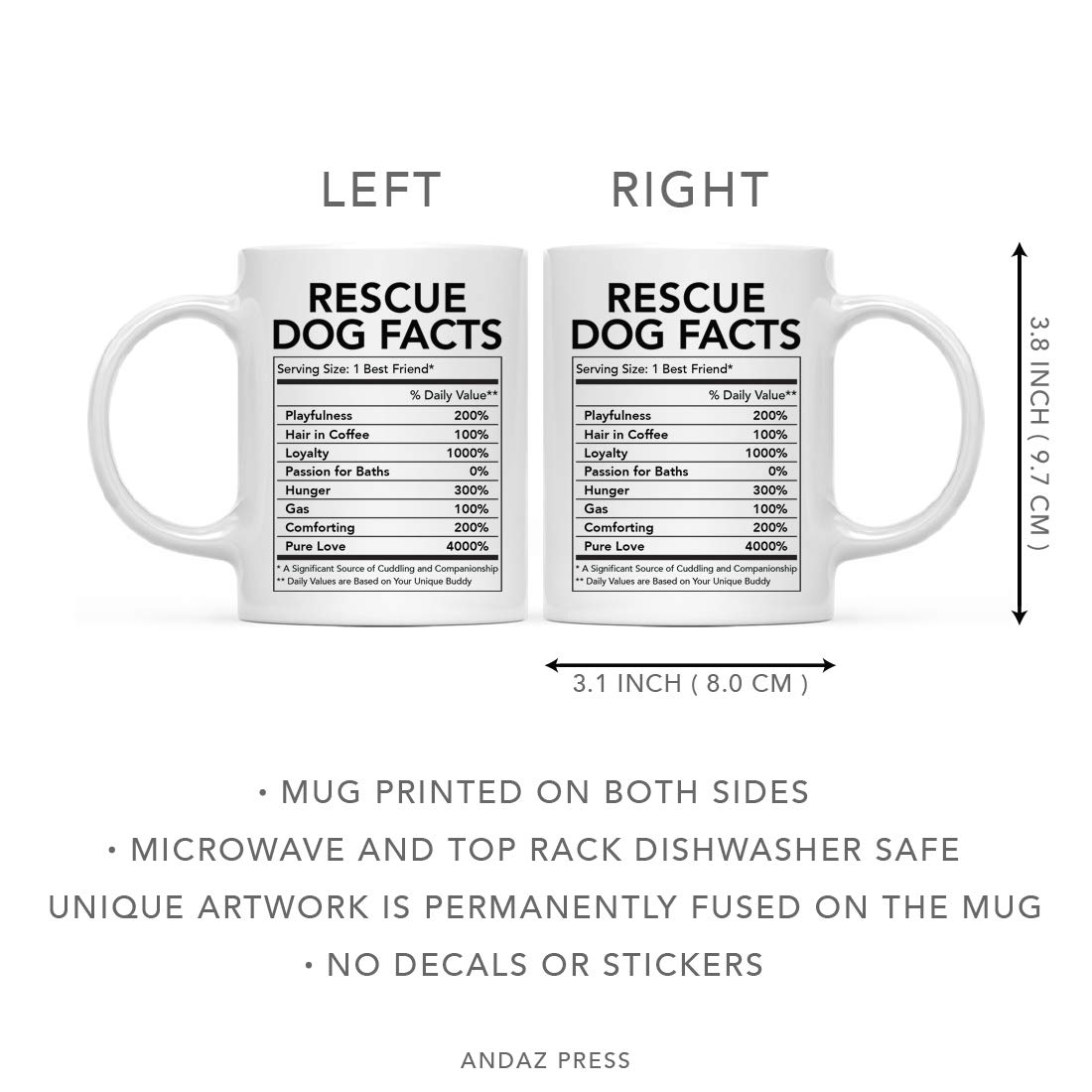 Funny Dog Lover's 11oz Ceramic Coffee Mug - Rescue Dog Nutritional Facts Design - Perfect Gift for Dog Moms & Dads - Birthday & Christmas Present Ideas - Great for Coffee, Tea & Hot Drinks at Home or Office