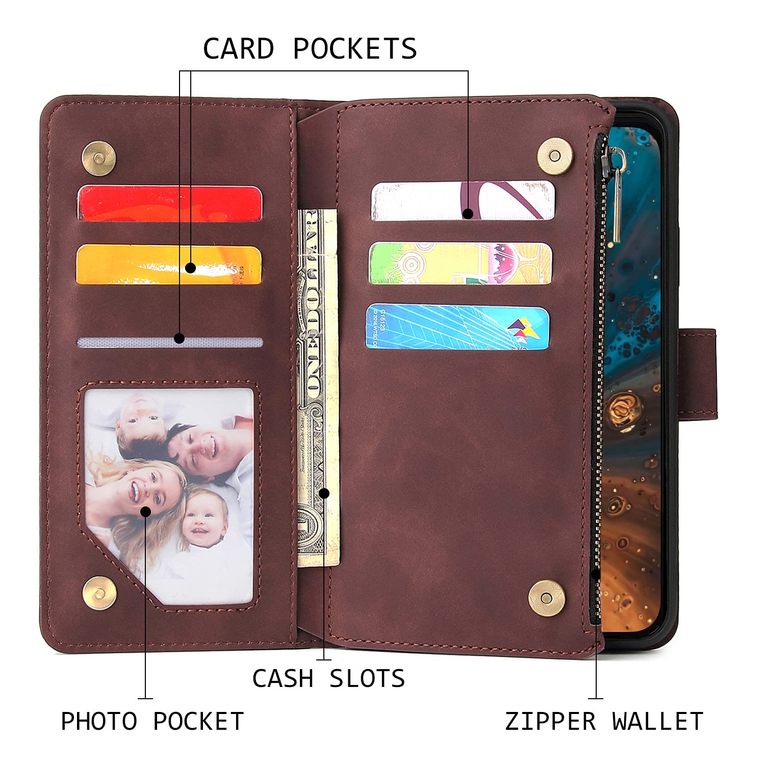 **Magnetic Leather Wallet Case for iPhone 13 Pro Max – 6 Card Holder, Hand Strap, Zipper Pocket, Stand & Shockproof Cover – Stylish & Protective for Women & Men (Coffee) – Perfect for Travel, Work & Daily Use**