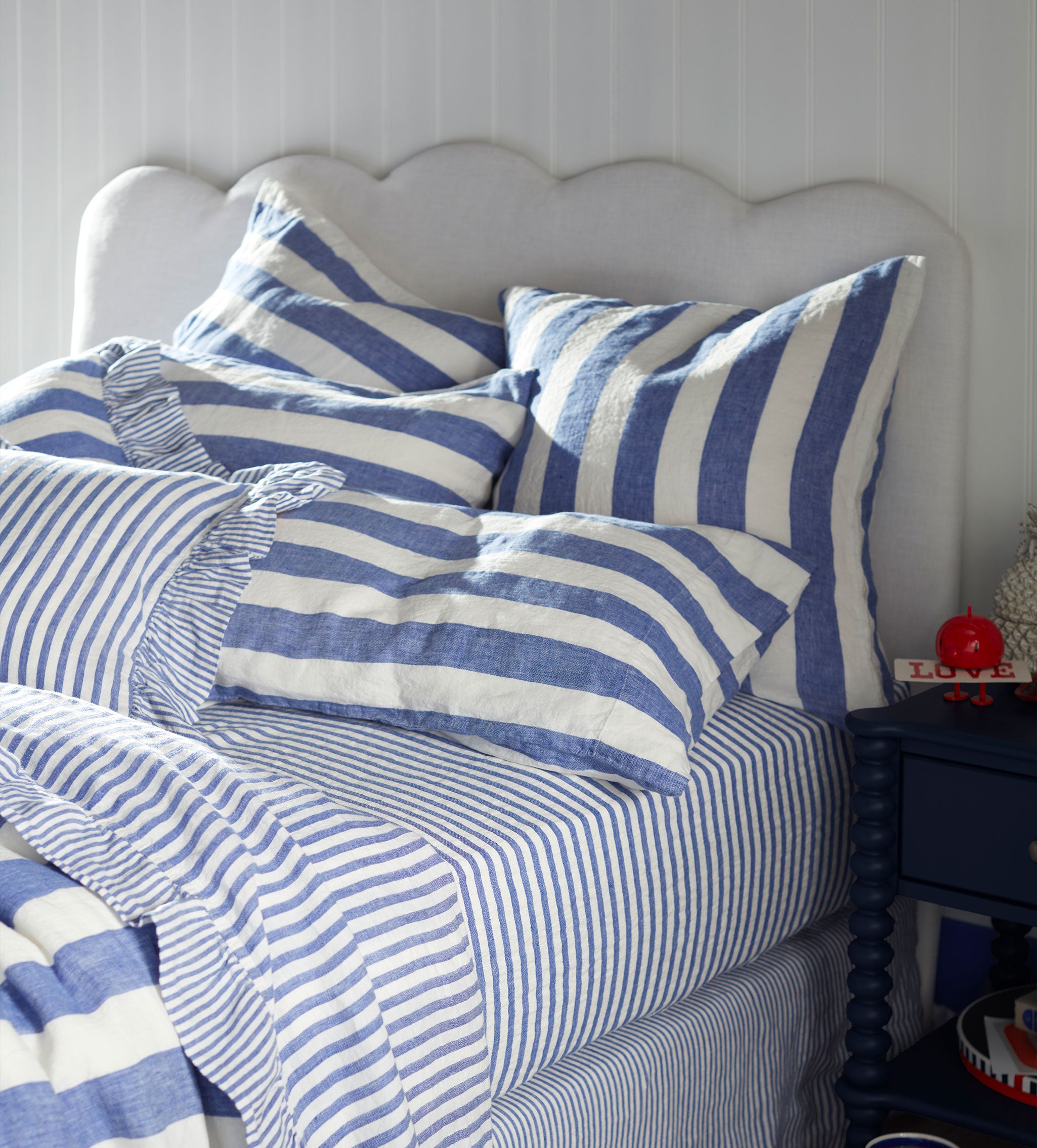 Premium 100% Linen Fitted Sheet with Cobalt Cora Stripe - Breathable & Soft Bedding for Hot Sleepers - Perfect for Summer Nights & Guest Rooms