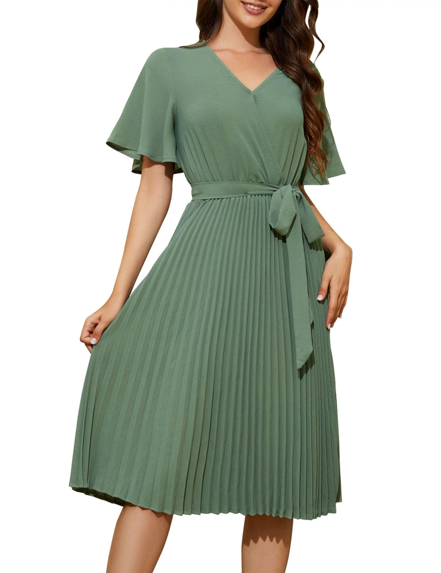 MUADRESS Women's Short Sleeve V-Neck Pleated Midi Dress - Summer Casual Flowy Dress for Work, Date Night & Vacation | 2023 Fashion Trend