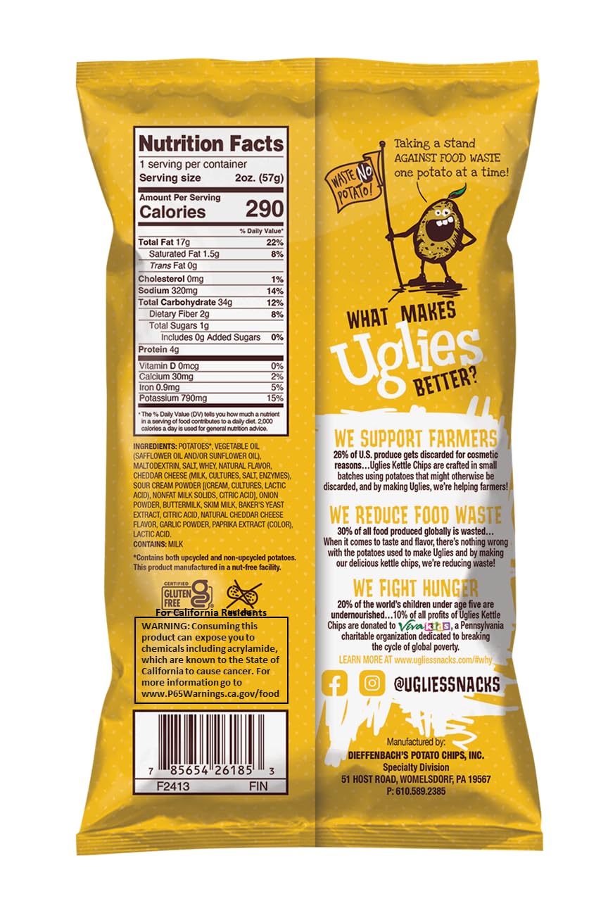 UGLIES Cheddar & Sour Cream Kettle-Cooked Potato Chips - Gluten Free, Kosher, Non-GMO Snack Packs (2oz, 24 Count) - Perfect for School Lunches, Office Snacks & On-the-Go Munching