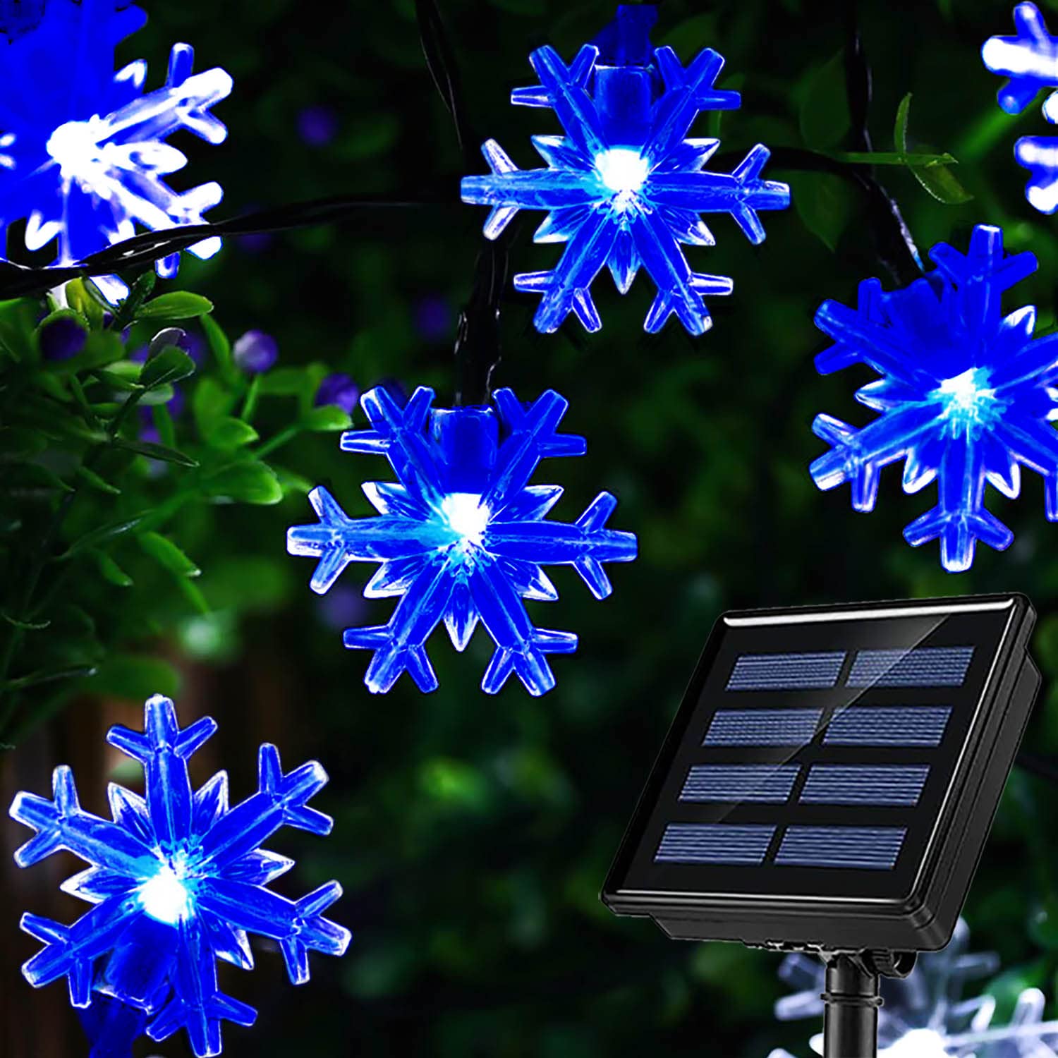 100 LED 55Ft Solar Christmas Lights Outdoor Waterproof - 8 Mode Blue Snowflake String Lights for Holiday Decorations, Patio, Yard & Garden - Perfect for Christmas Tree, House, Fence & Party Decor