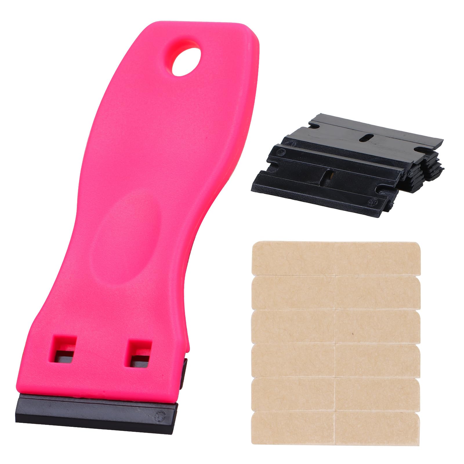 WENNALIFE Tape Remover Scraper Tool - 10 Replacement Blades & 6 Tape Tabs - Non-Scratch Adhesive Remover for Hair Extensions, Cleaning & DIY Projects - Plastic Razor Blade Scraper (Hot Pink)