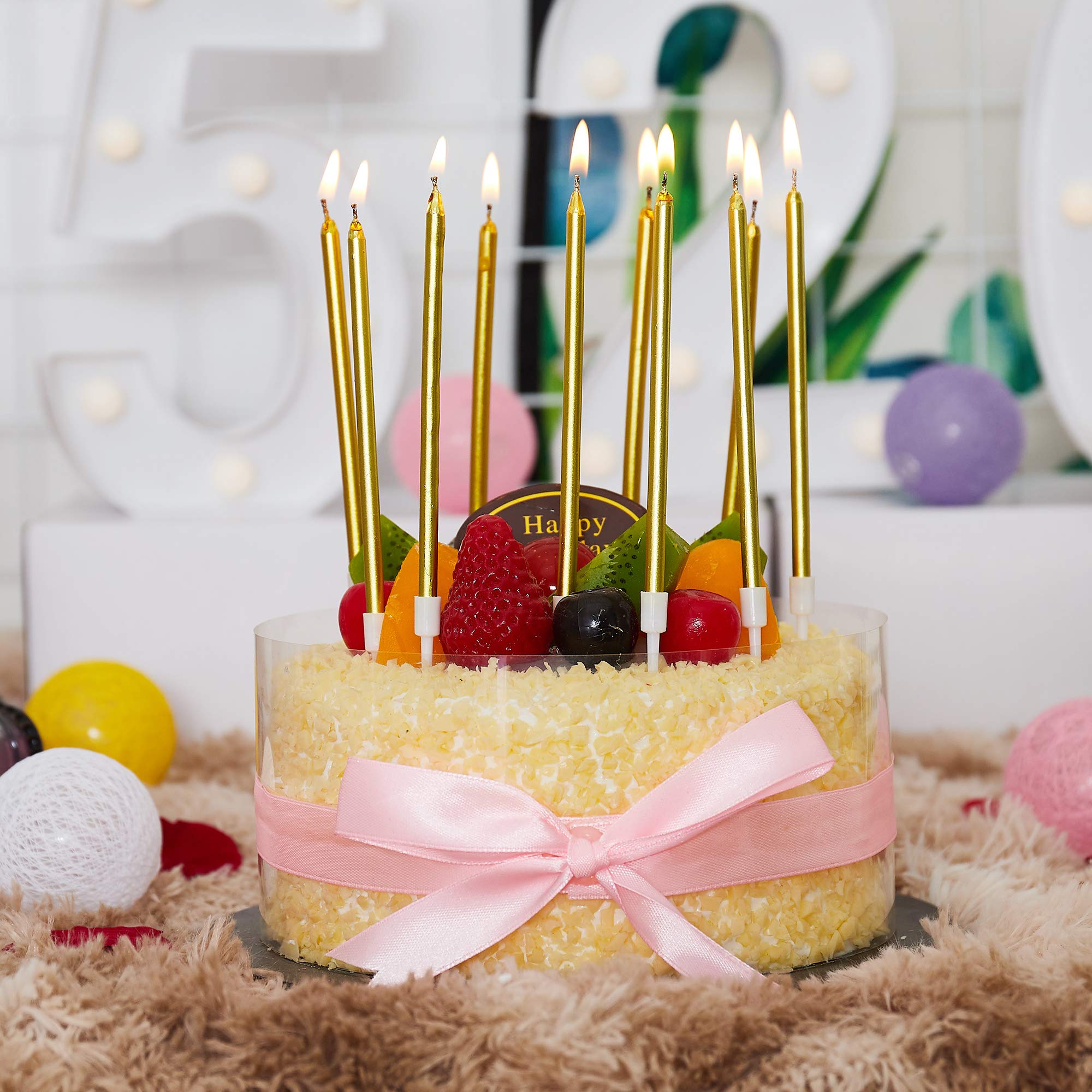 24-Pack Gold Metallic Birthday Candles - Slow Burning Happy Birthday Cake Candles with Holders for Wedding, Party & Celebration Decorations - Perfect for Cakes, Cupcakes & Dessert Tables