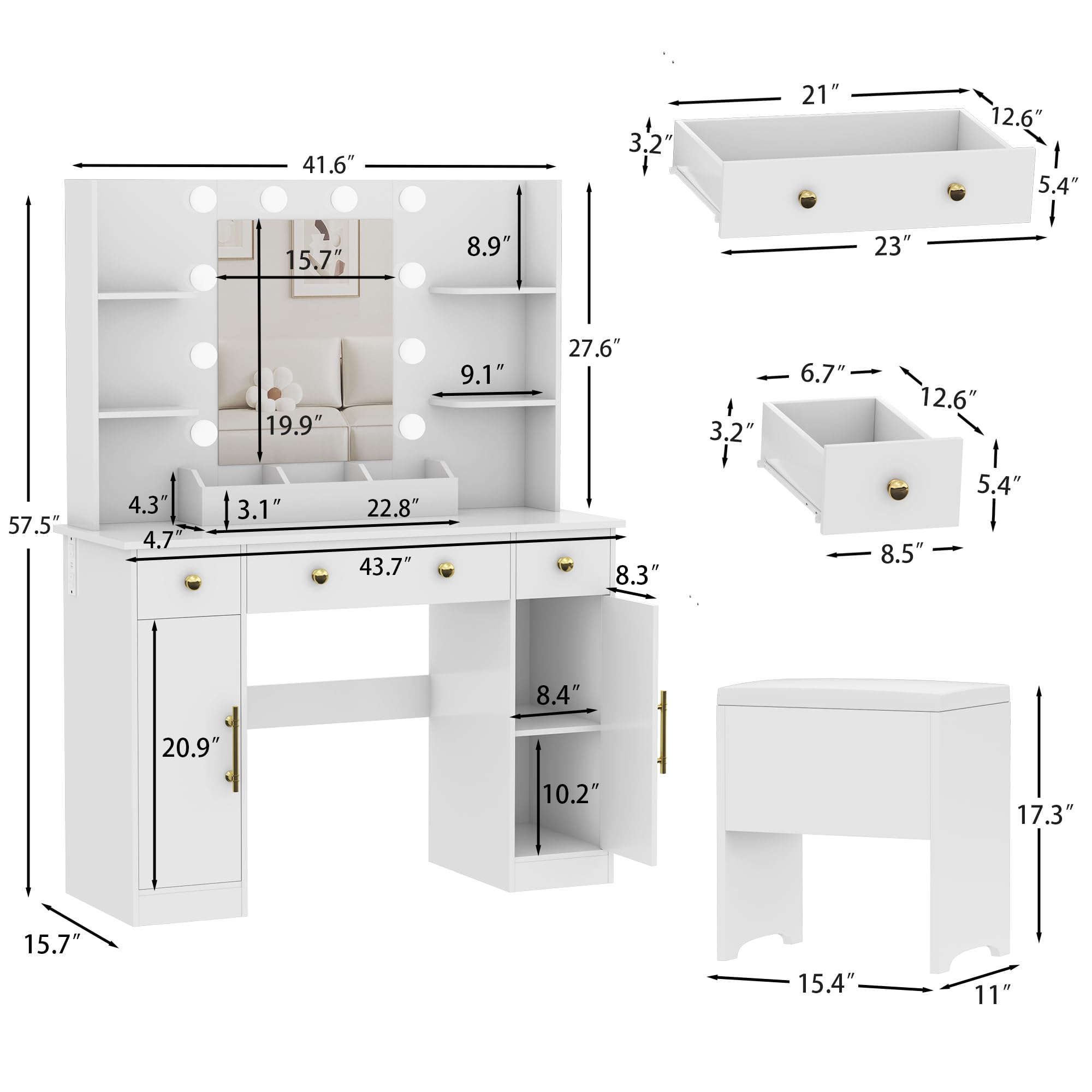 Vanity Desk with Mirror and Lights - Makeup Vanity Set with Charging Station, 3 Drawers & Stool - White Vanity Desk with RGB LED Lights for Women - Perfect for Bedroom, Dressing Room & Beauty Salon