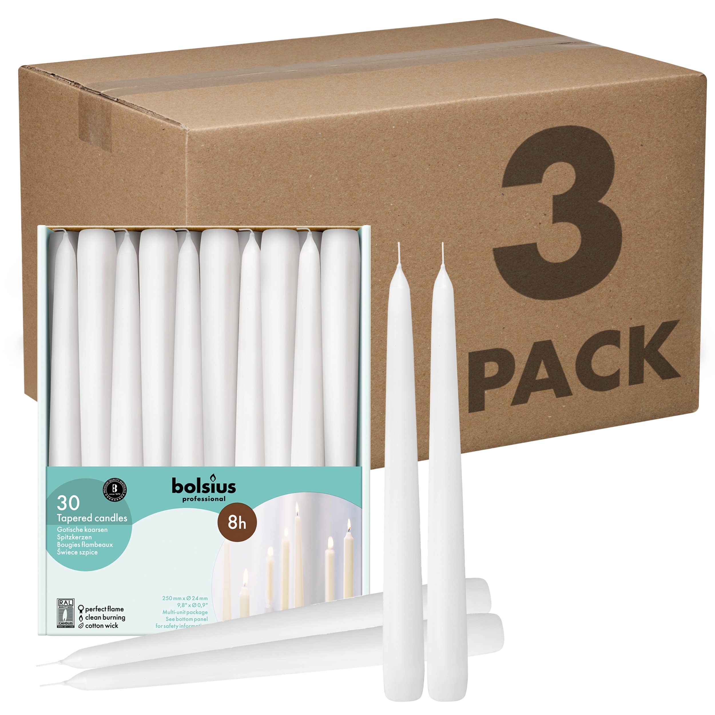 BOLSIUS White Taper Candles - 3 Pack (90 Count) - 8 Hour Burn Time - Premium European Quality Unscented Candles with Smokeless Flame - Perfect for Weddings, Church, Restaurants & Home Decor