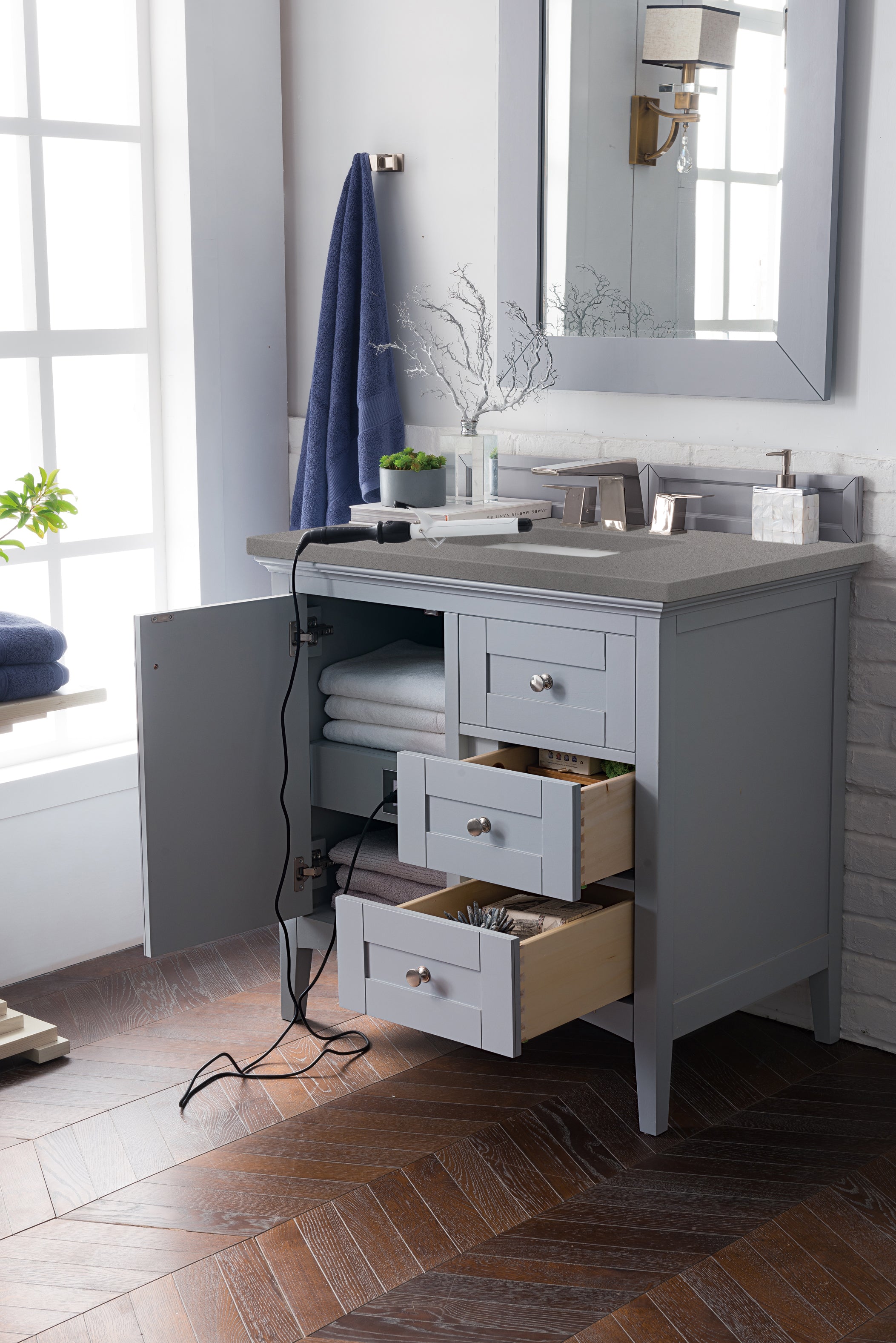 Palisades 36 Inch Single Bathroom Vanity Set with 3CM Grey Expo Quartz Countertop - Silver Gray Finish for Modern Home & Apartment Bathroom Remodel