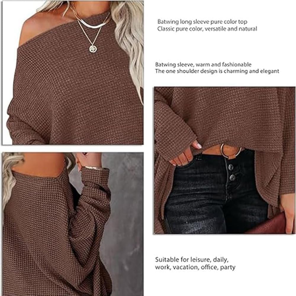 Lightweight Hollow Out Batwing Sleeve Waffle Knit Pullover - Women's Off Shoulder Sweater Long Sleeve Shirt | Casual Fall Layering & Boho Chic Outfits
