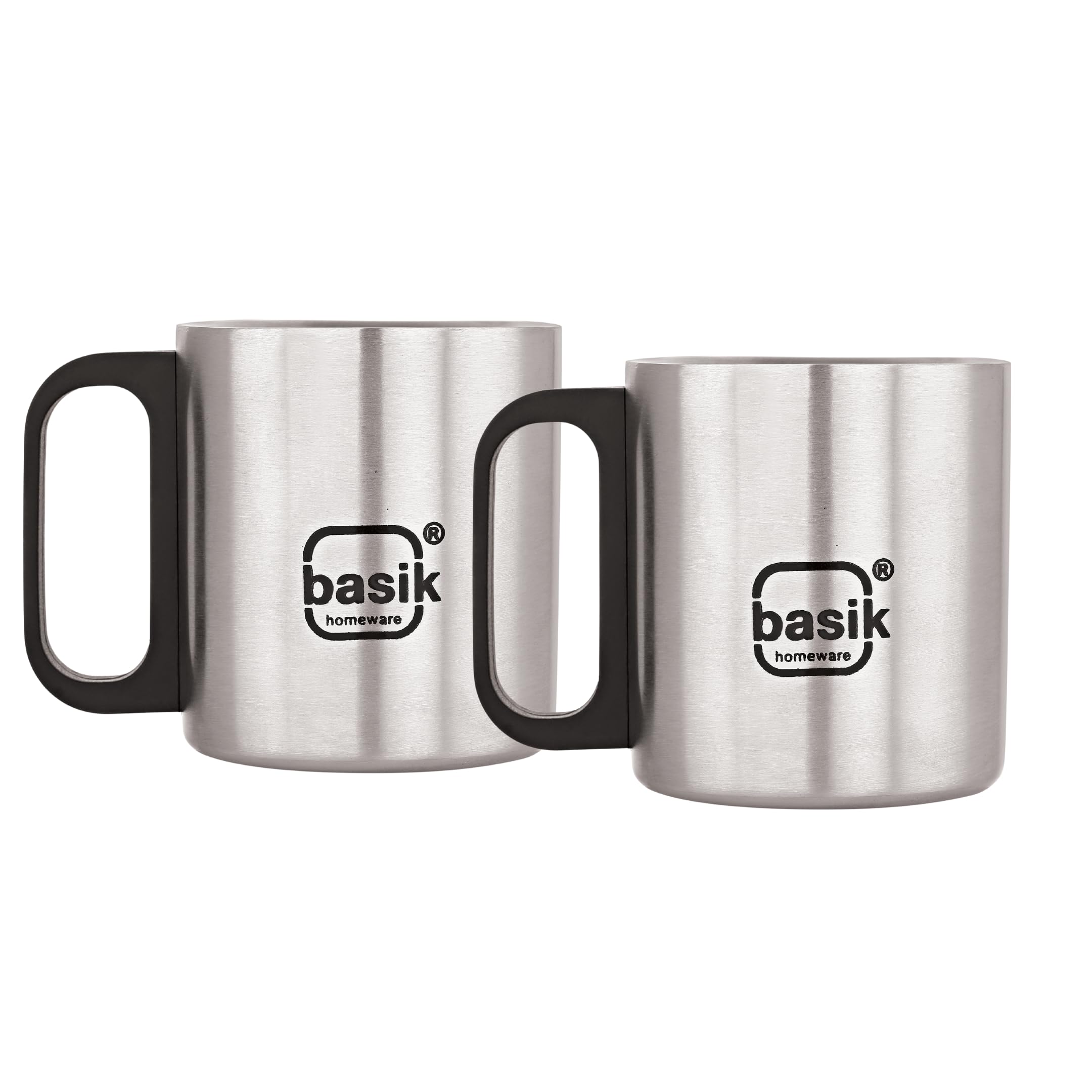 BASIK Astra Double-Walled Stainless Steel Cups - 16oz Insulated Coffee Mugs for Hot & Cold Drinks, Set of 2 Black Metal Travel Tumblers - Perfect for Office, Camping, and Outdoor Adventures