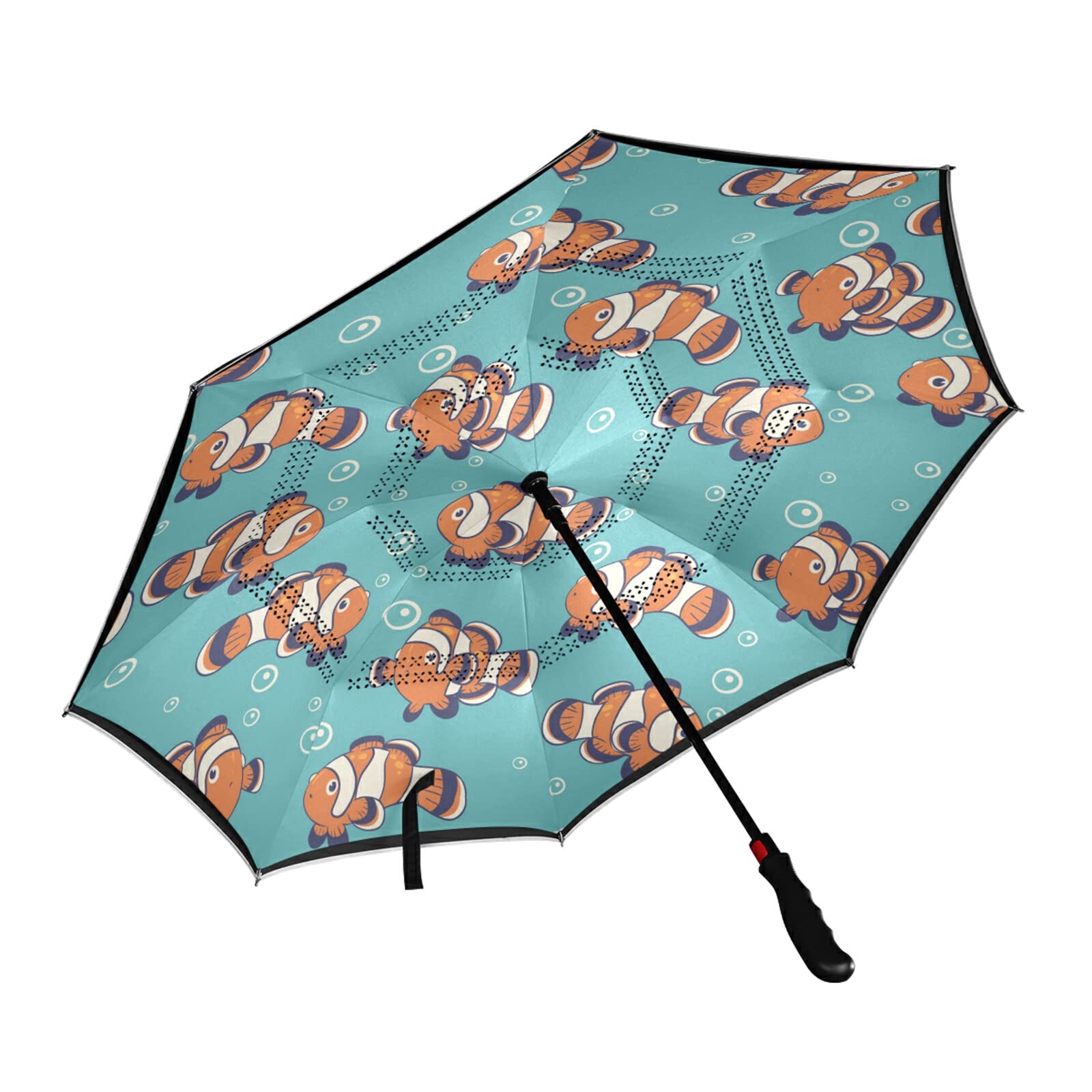 Automatic Open/Close Large Inverted Rain Umbrella with UV Protection - Orange & White Clownfish Underwater Design, Reflective Luminous Layer for Car, Beach & Outdoor Use