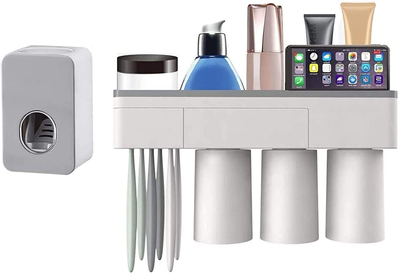 Jiaanu Automatic Toothpaste Dispenser & Wall Mount Toothbrush Holder - 6 Slots with Cover, 3 Magnetic Cups & Cosmetic Drawer Organizer - Perfect for Bathroom, Kitchen, Dorm Room Organization (White)
