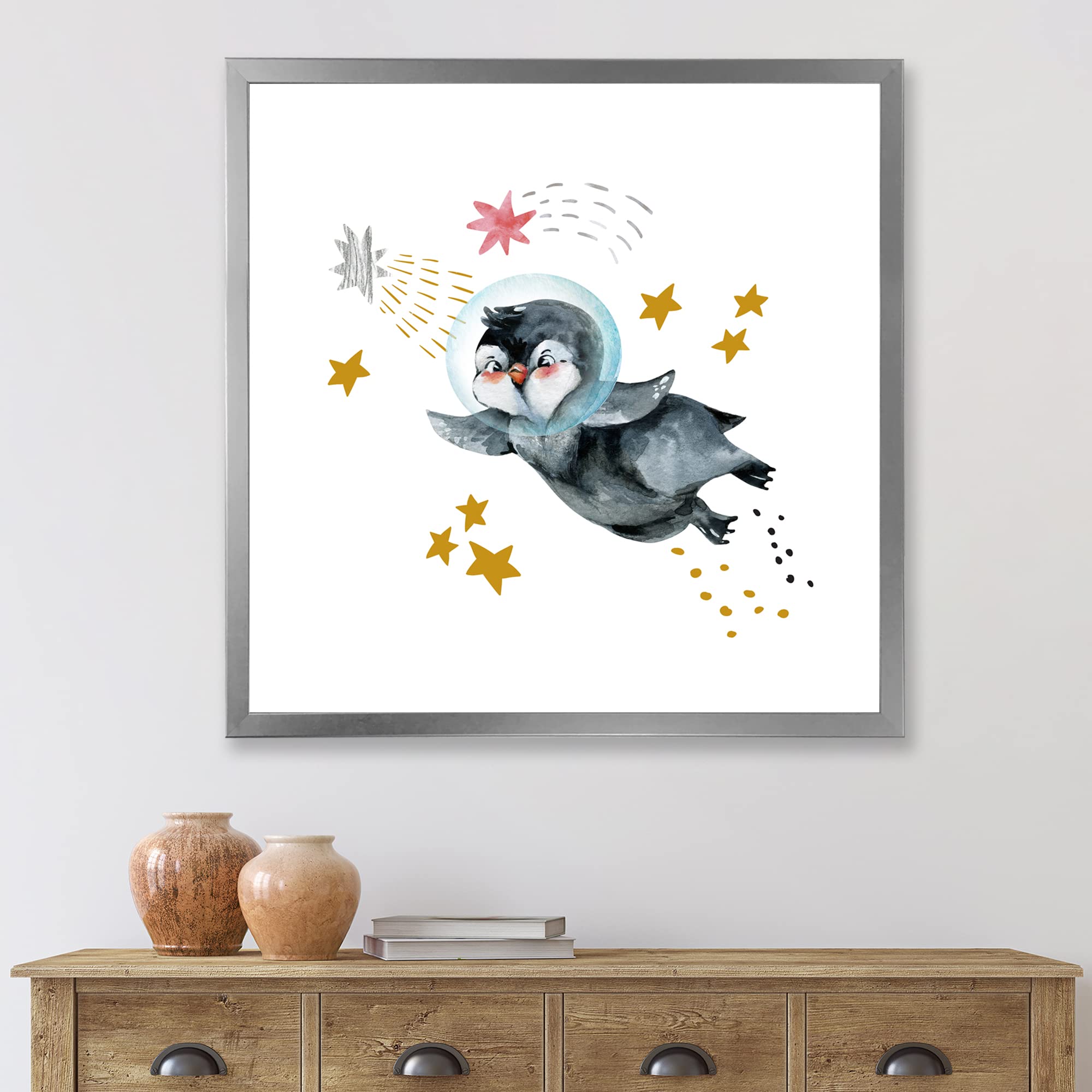 DesignQ Little Penguin Flying Stars and Planets Farmhouse Framed Wall Art - Nursery Decor, Kids Room Wall Art, Living Room Decor