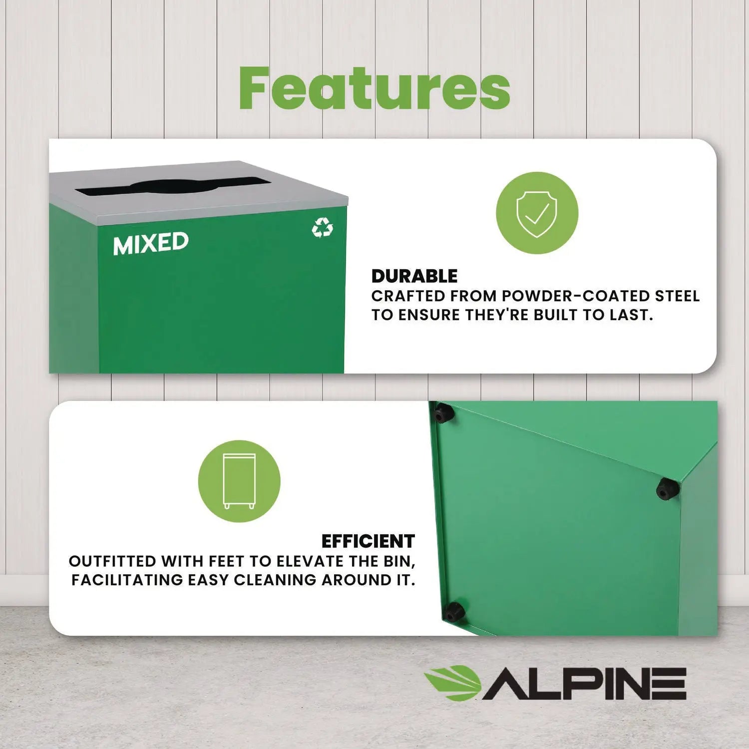 Alpine Industries 29 Gallon Steel Trash & Recycling Bin - Green Mixed Recycling Can with Lid for Kitchen, Office & Outdoor Waste Management