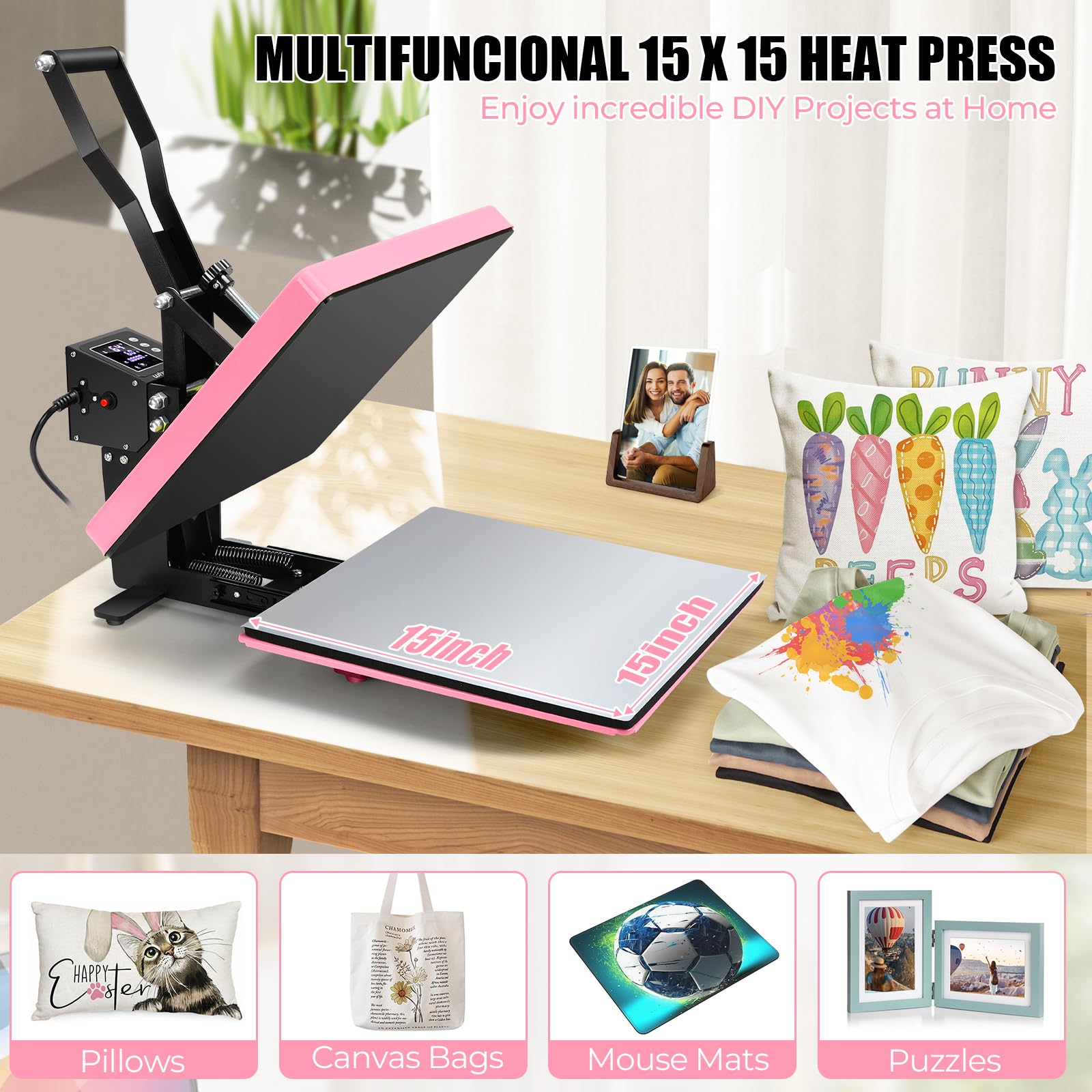 Whubefy 15x15 Heat Press Machine for T-Shirts - Digital Sublimation Printer with 3 Preset Modes, Dual-Tube Fast Heating & High Pressure - Perfect for DIY T-Shirts, Bags, Pillows, Puzzles & Home Decor Projects