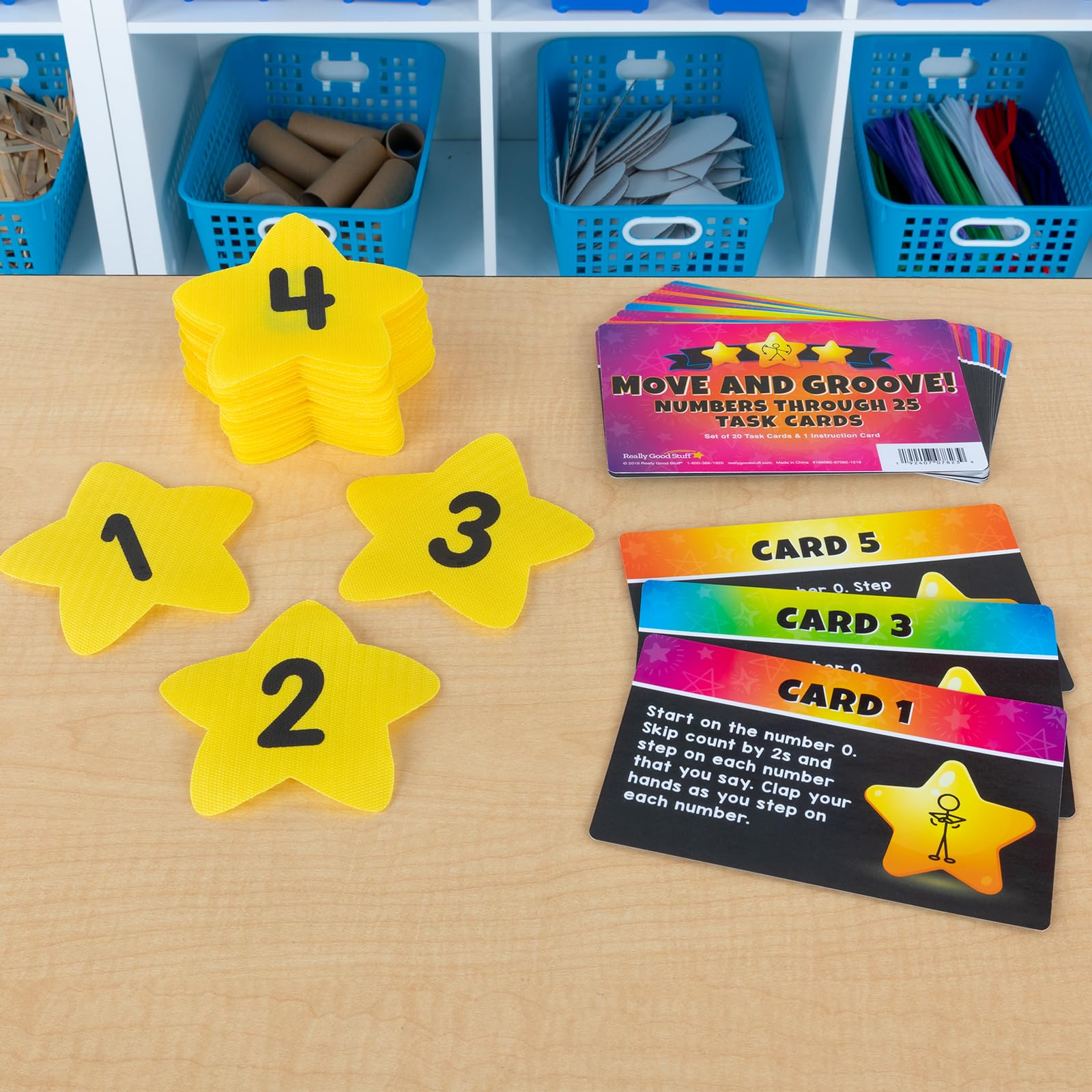 Really Good Stuff Carpet Mark-Its Move and Groove! Numbers 1-25 Task Cards Kit - 26 Carpet Spots & 20 Activity Cards for Classroom Math Games and Movement Learning