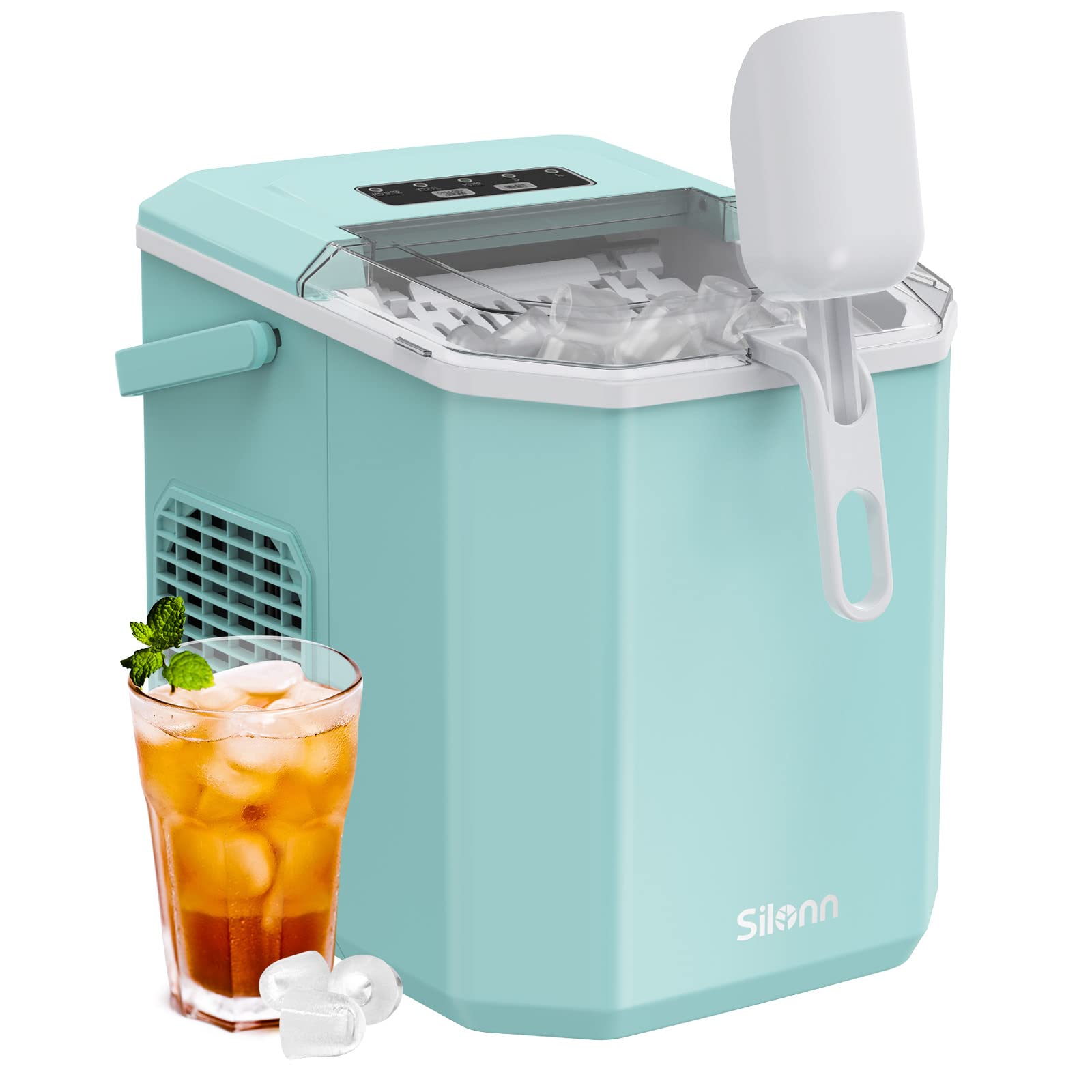 Silonn Countertop Ice Maker Machine - Portable Self-Cleaning Ice Maker with Basket & Scoop, 9 Ice Cubes in 6 Minutes, 26 lbs Daily Output - Perfect for Home Kitchen, Office, Camping, RV, Boating & Outdoor Parties