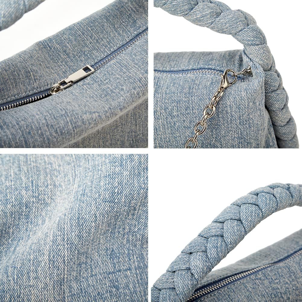 Trendy Women's Denim Clutch Handbag with Chain Strap - Stylish Jean Satchel Tote, Woven Top Handle & Crossbody Sling Bag for Casual Outings, Parties & Everyday Use