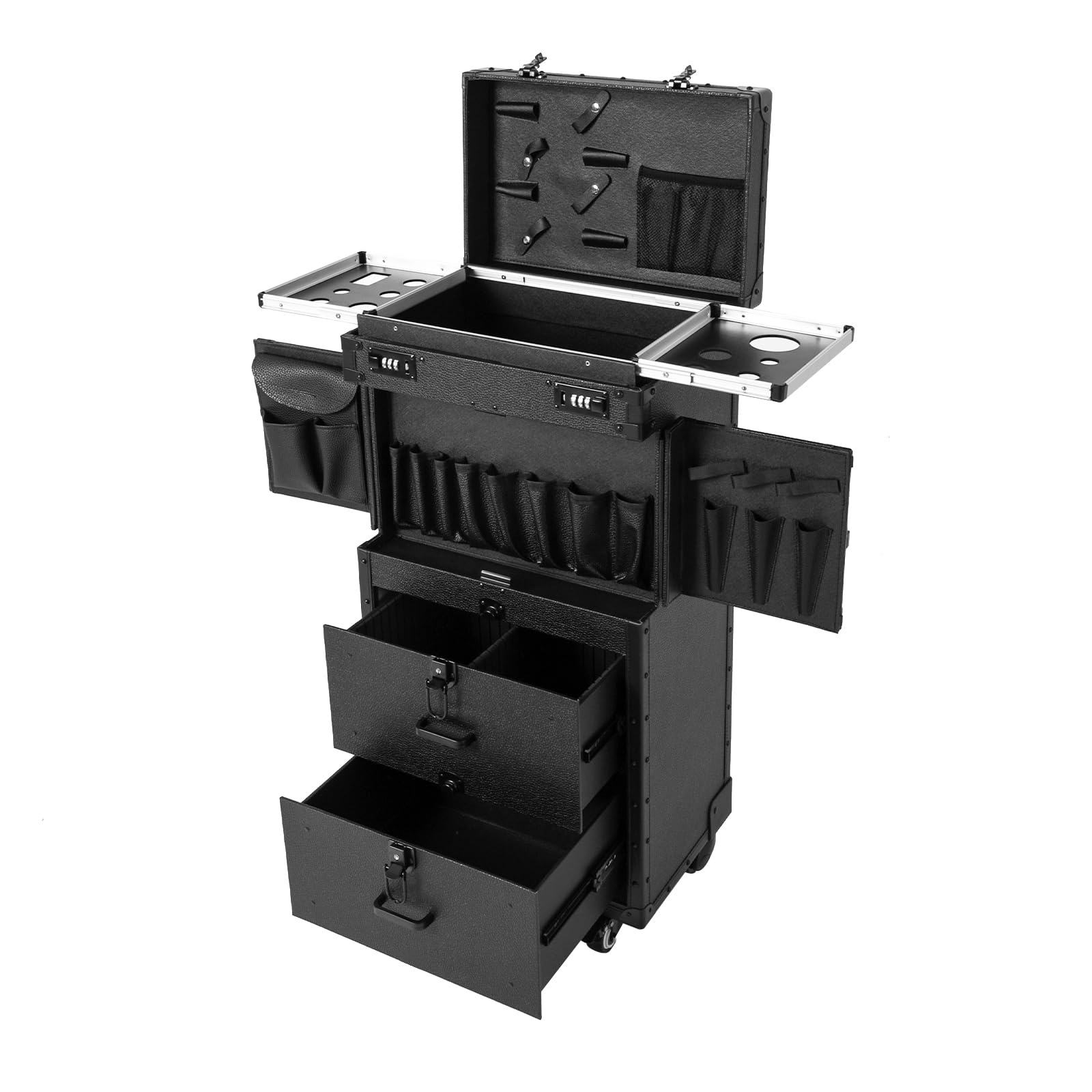 Lockable Rolling Makeup Train Case - 44.09 lbs Professional Cosmetology Trolley with Universal Wheels for Hair Stylists & Makeup Artists | Beauty Salon Cosmetic Storage & Mobile Hairdressing Station (Black) - Perfect for Salon Professionals, Traveling Artists & On-the-Go Beauty Services