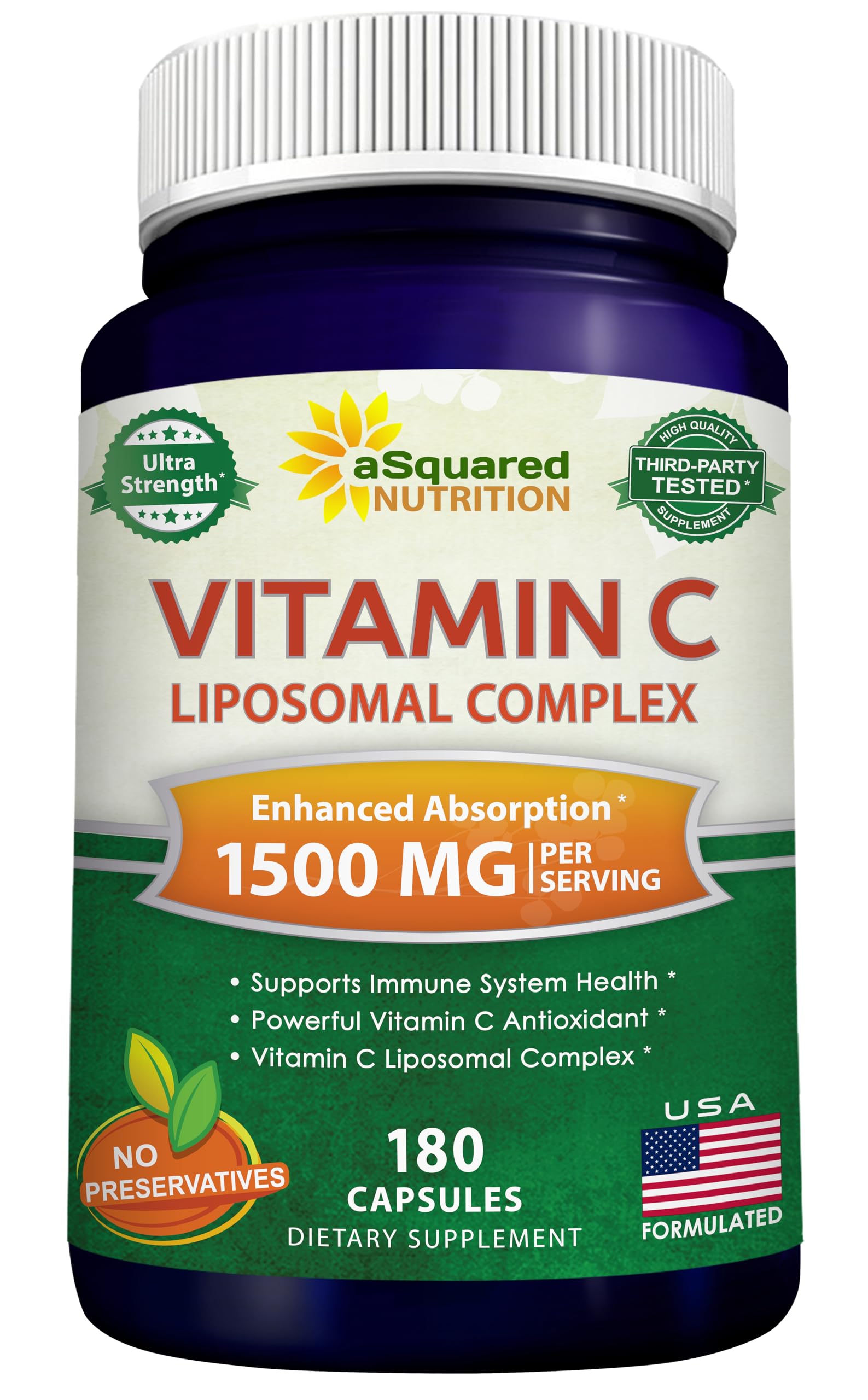 aSquared Nutrition Liposomal Vitamin C 1500mg - 180 High Absorption Capsules with Ascorbic Acid - Immune Support & Collagen Booster (90 Servings) | Daily Wellness, Cold & Flu Season Defense, Skin Health Supplement