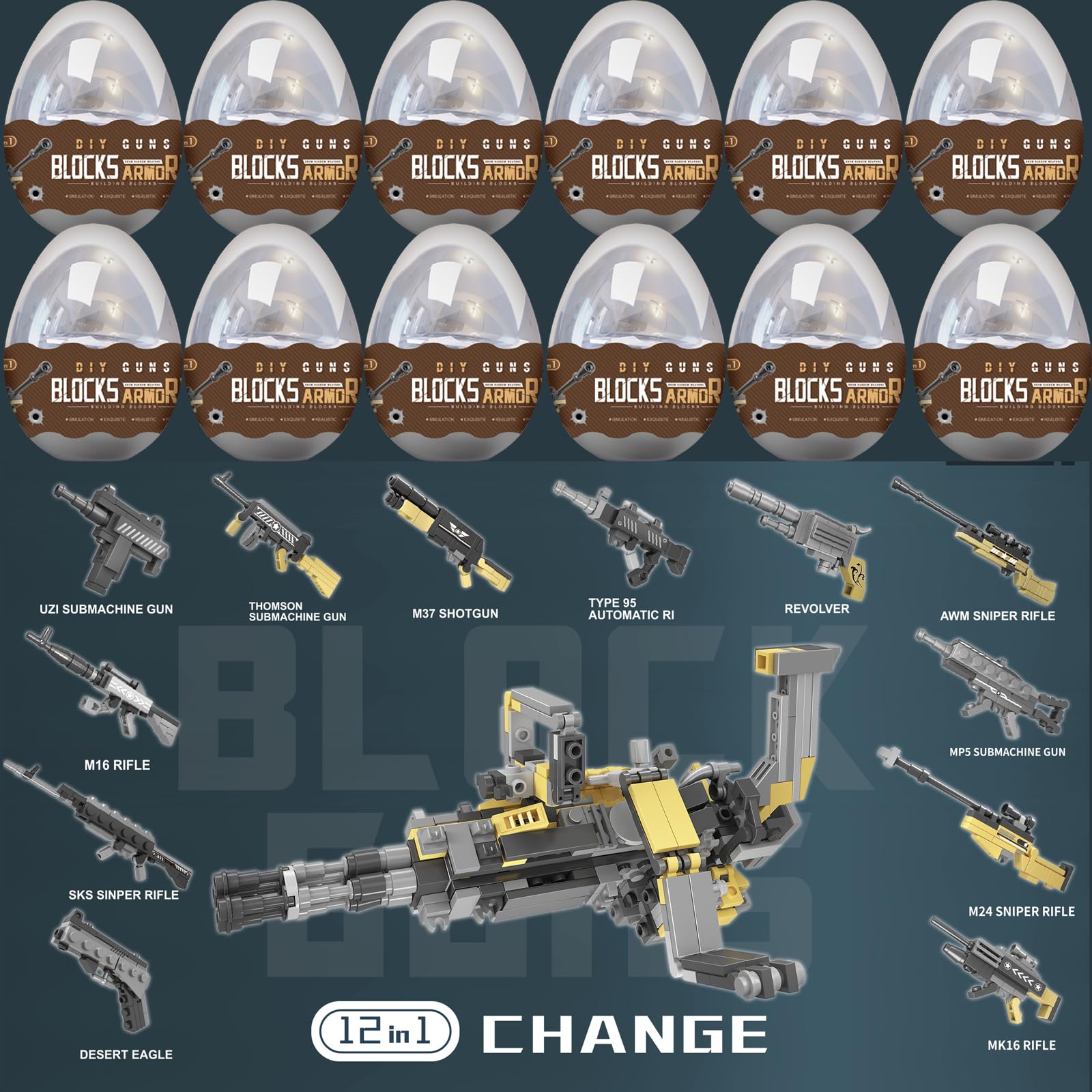 12PCS Pre-Filled Easter Eggs with Gun Block Toys - 12-in-1 Big Gun Model Building Kit for Kids Ages 6+ | STEM Learning Toy, Birthday Gift & Easter Basket Stuffers for Boys and Girls