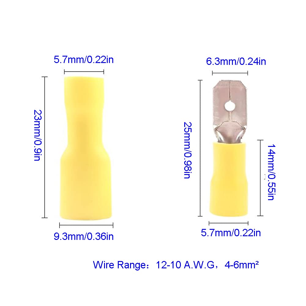 100PCS 12-10 AWG Male Female Spade Connectors - Insulated Electrical Crimp Terminals for Automotive, Marine & Home Wiring (Yellow) - Perfect for Battery, Speaker & Appliance Connections