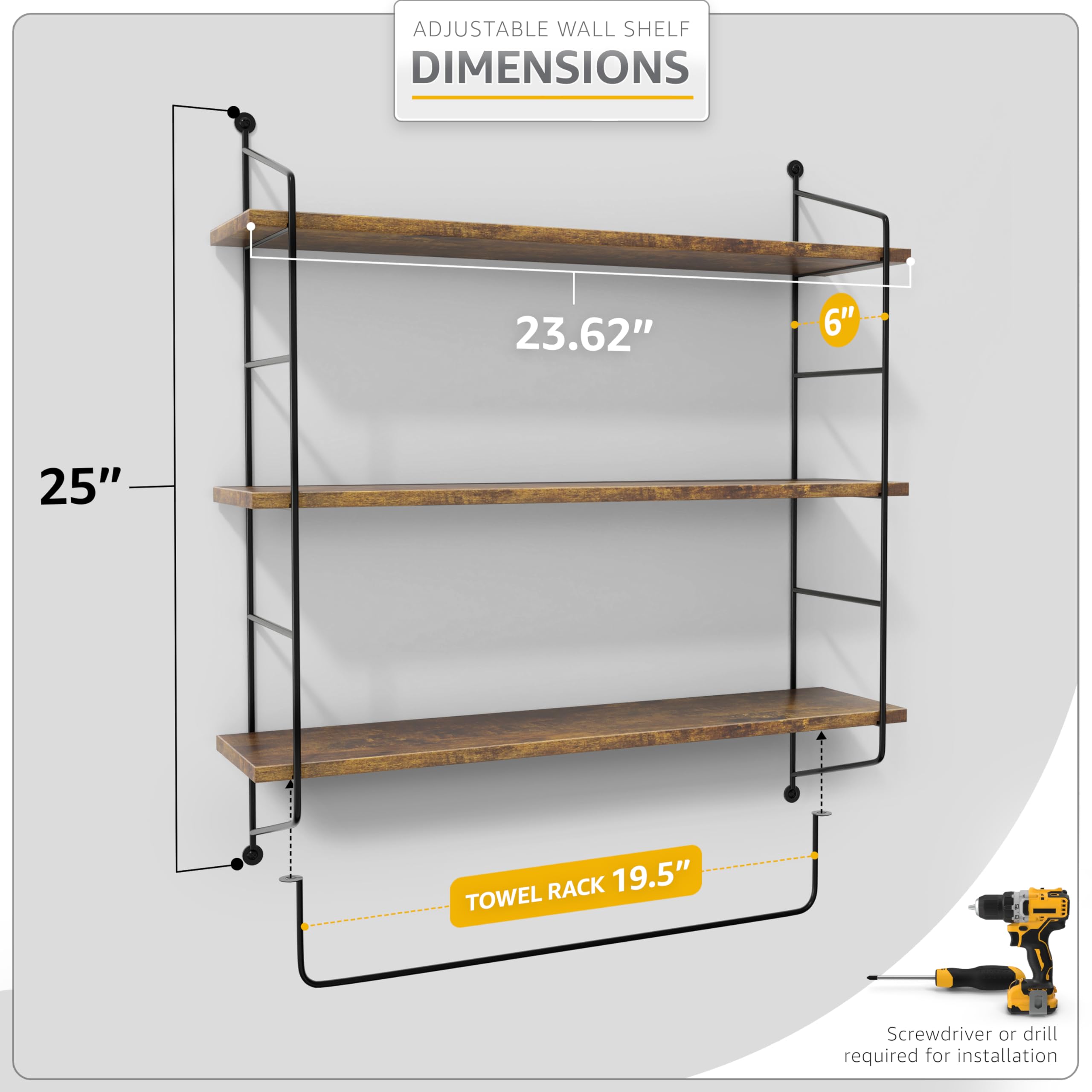 Sorbus 3-Tier Floating Wall Shelves - Rustic Brown Wood Bathroom Storage for Towels, Toiletries & Decor | Over The Toilet Organizer, Gaming Room & Home Decor | Space-Saving Solution for Small Bathrooms & Bedrooms