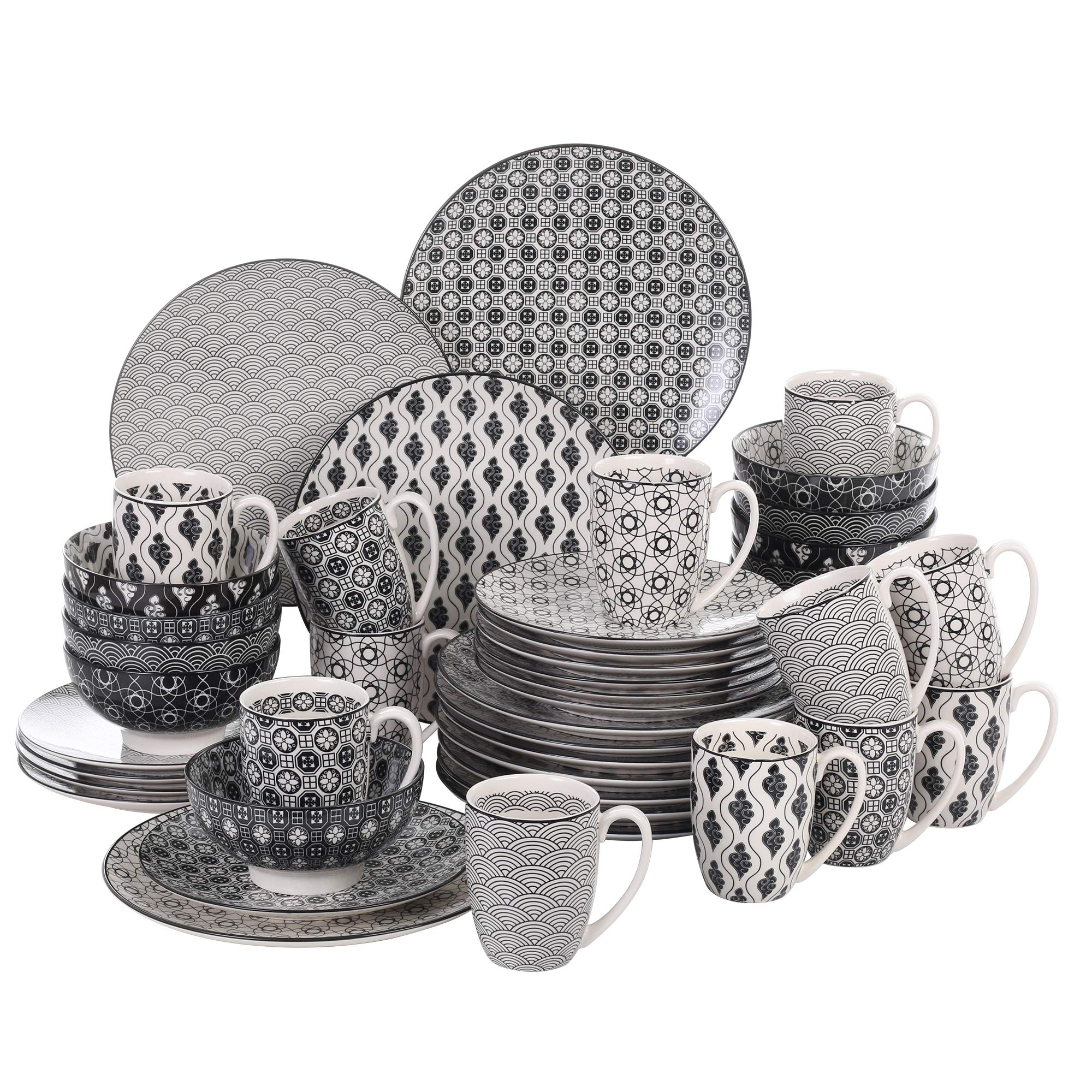 Vancasso Haruka 48-Piece Porcelain Dinner Set for 12 - Japanese Style Black & White Dinnerware with Plates, Bowls & Mugs - Elegant Tableware for Restaurants, Weddings & Family Gatherings