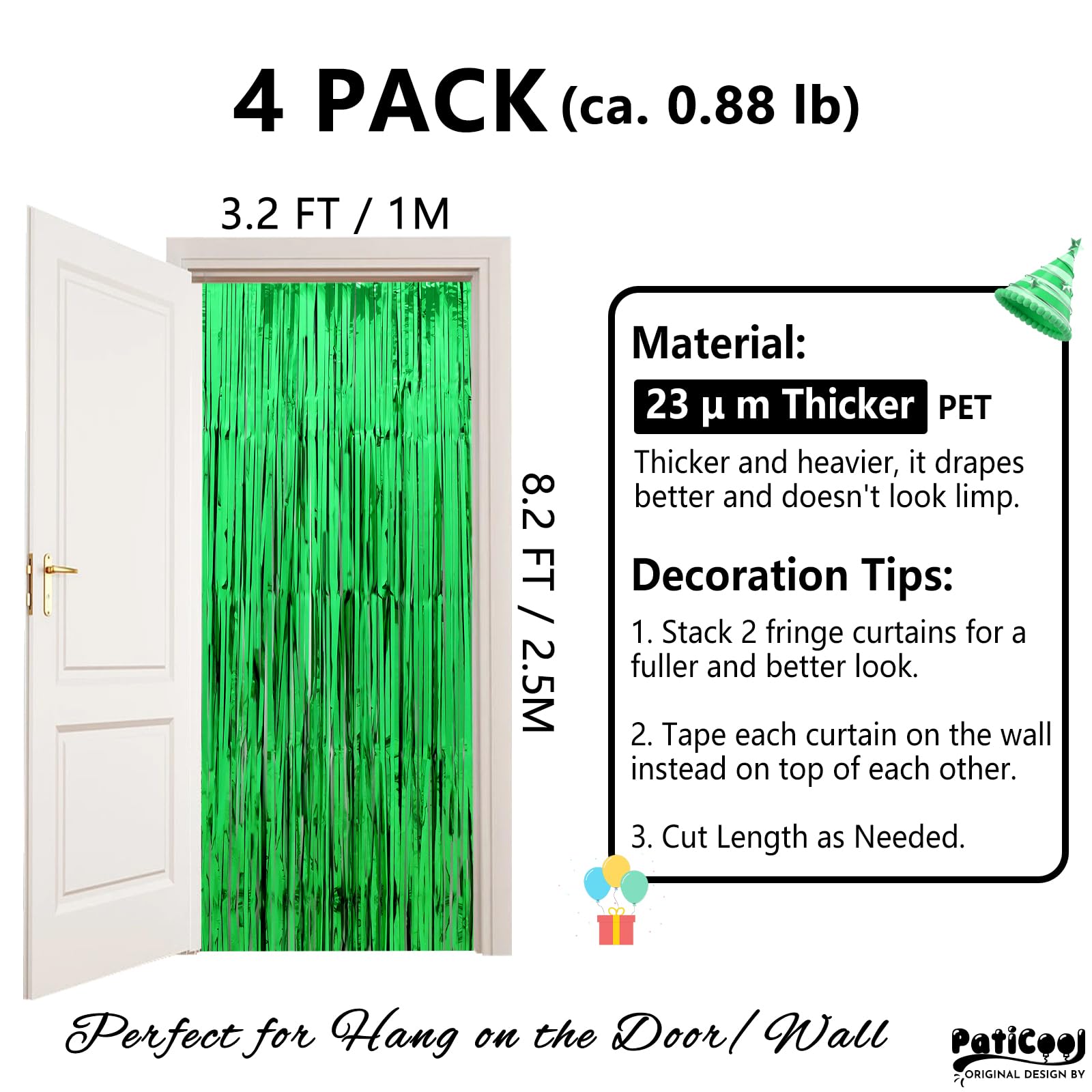 Premium Green Tinsel Foil Fringe Curtains - 4 Pack Thickened 3.2x8.2 FT Party Streamers - Durable Birthday, Jungle, Dinosaur, Sports Theme Decorations - Perfect for Backdrops, Photo Booths & Event Decor