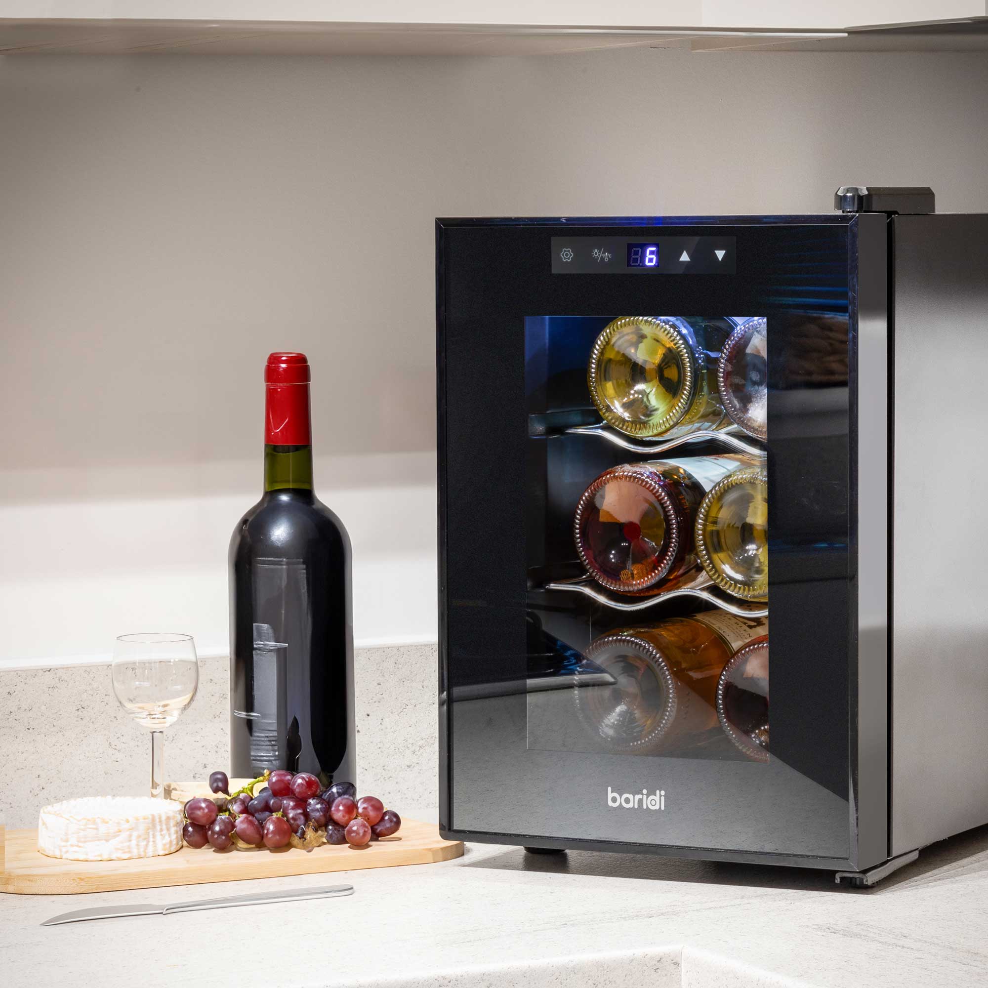 Baridi 6 Bottle Thermoelectric Wine Cooler with Touch Controls - Compact Tabletop Design (5-18°C Temperature Range) | Perfect for Home Bars, Kitchen Countertops & Small Spaces
