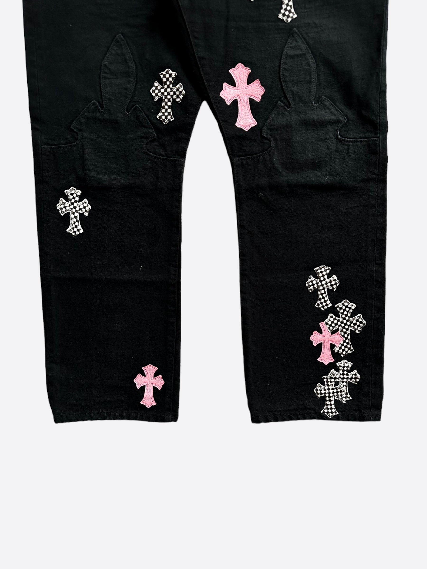 Chrome Hearts Black Pink & Checkered Cross Patch Fleur Distressed Denim Jeans for Women - Edgy Streetwear & Punk Fashion Outfits