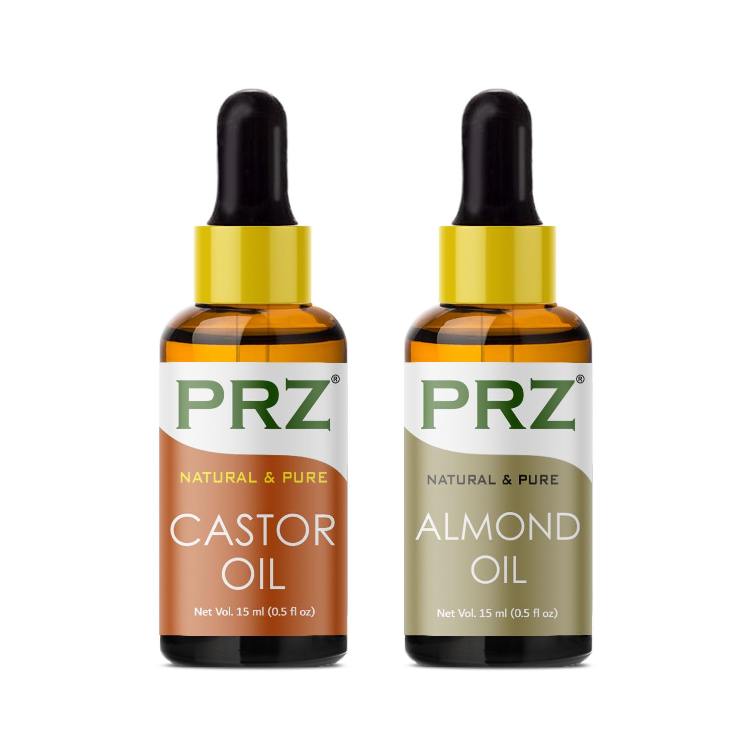 PRZ Cold Pressed Castor & Almond Carrier Oil Set - 100% Pure Natural Therapeutic Grade for Aromatherapy, Massage, Skin & Hair Care (15ML Each) | Perfect for DIY Beauty Recipes, Scalp Treatment & Relaxing Spa Nights at Home