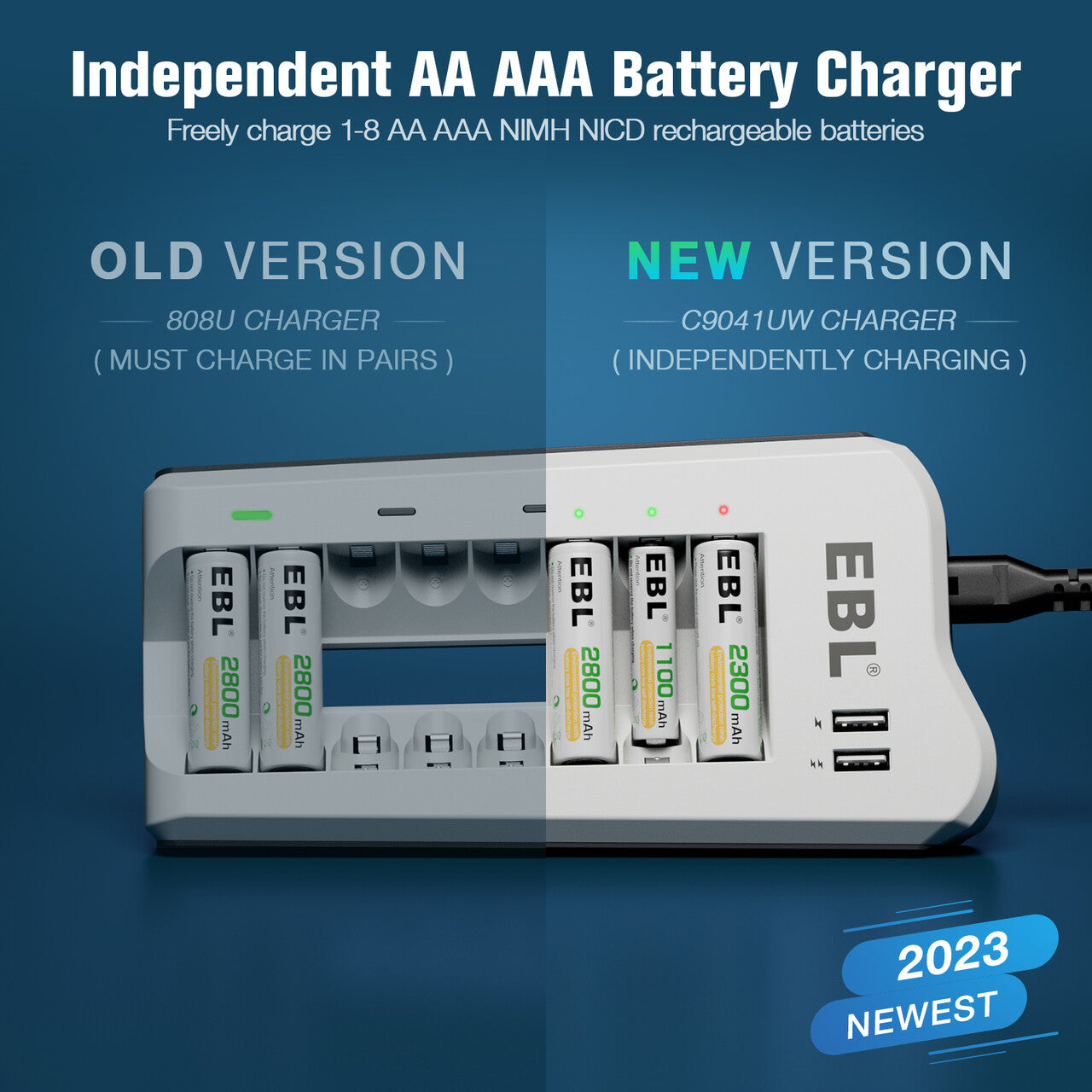 EBL Upgraded 808U Smart 8 Bay Individual Battery Charger for AA AAA NiMH NiCd Rechargeable Batteries - Perfect for Cameras, Toys, Flashlights & Home Electronics