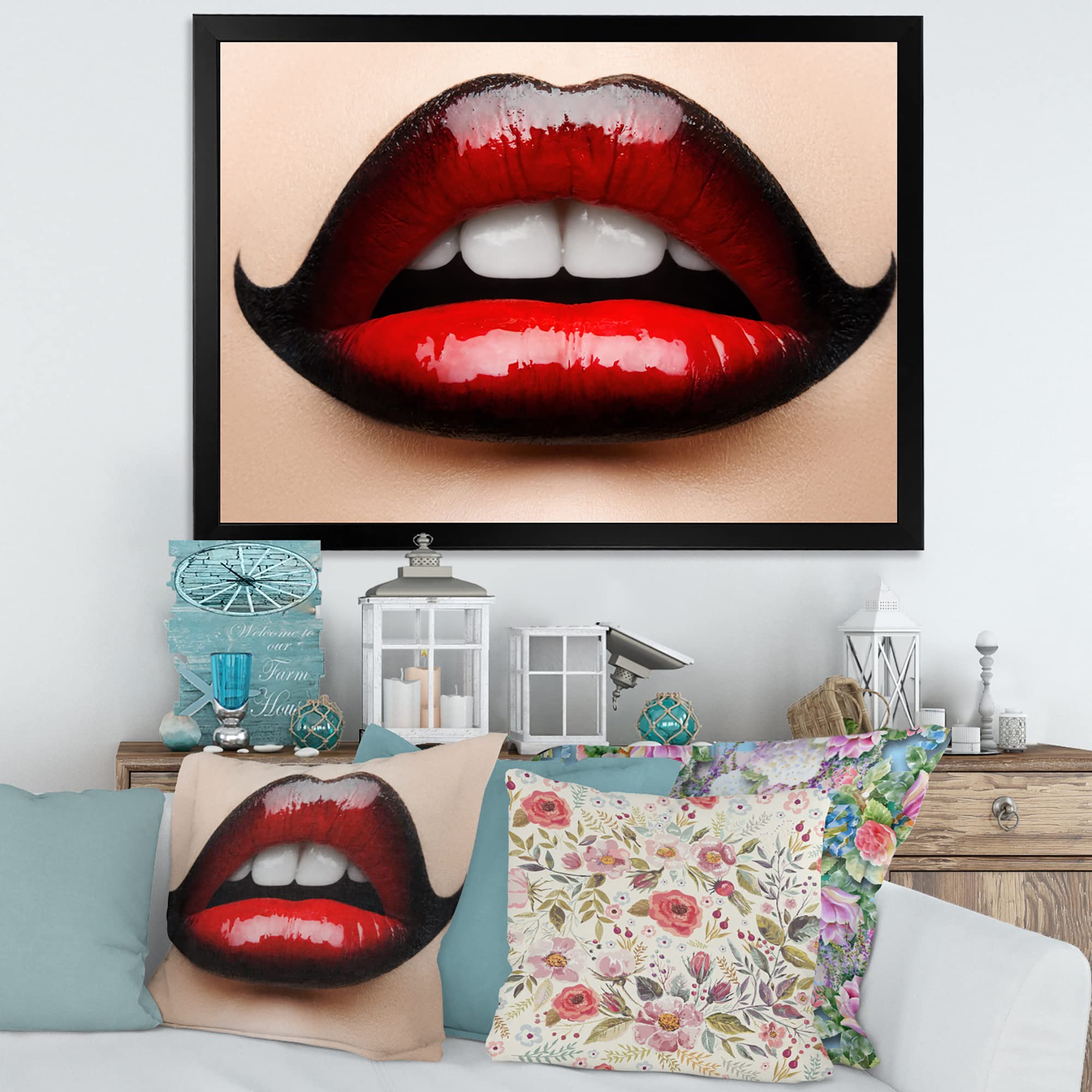 DesignQ Modern Framed Wall Art - Red & Black Lipstick Female Lips Painting - Perfect for Living Room, Bedroom, Office Decor