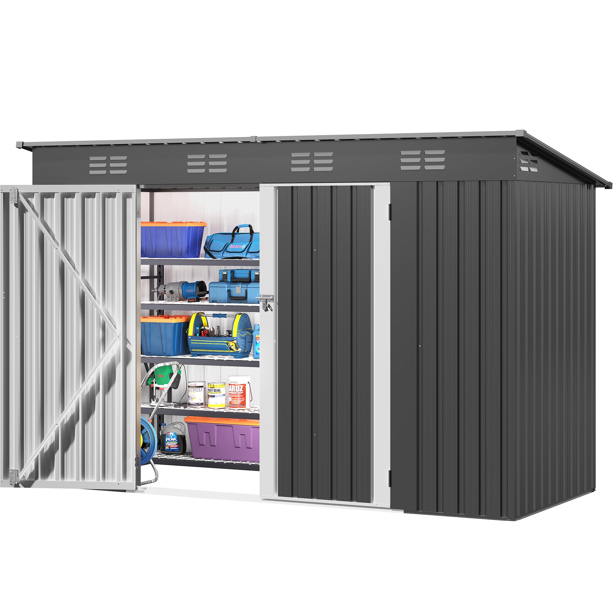 DWVO 9x4ft Large Outdoor Storage Shed - Heavy Duty Metal Tool Shed with Lockable Doors & Air Vent for Backyard, Patio, Lawn - Perfect for Storing Bikes, Tools, Lawn Mowers - Dark Gray | Ideal for Garden Organization & Secure Equipment Storage