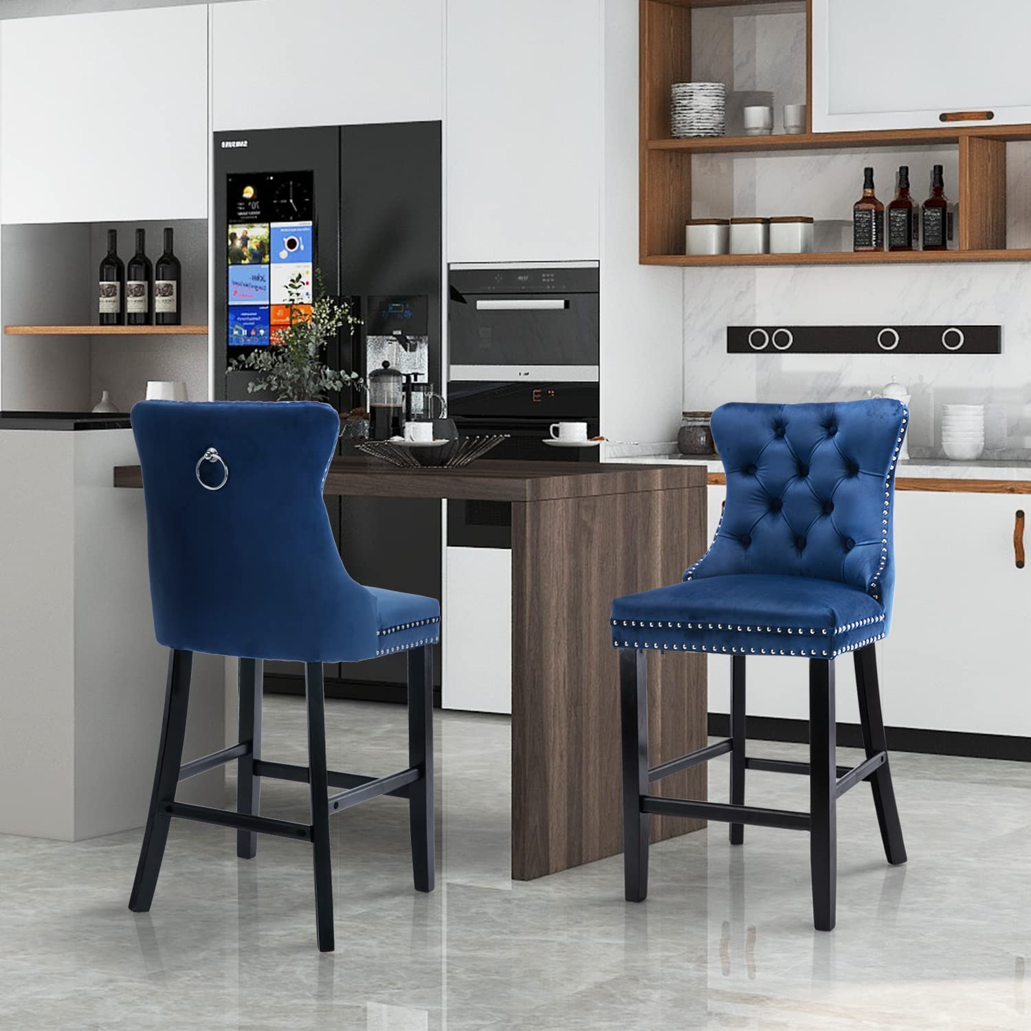 SoarFlash Modern Velvet Upholstered Bar Stools Set of 2 - Wood Legs, Button Tufted, Chrome Nailhead Trim, Armless Counter Height Stools for Kitchen Island, Breakfast Bar & Home Decor (Blue)