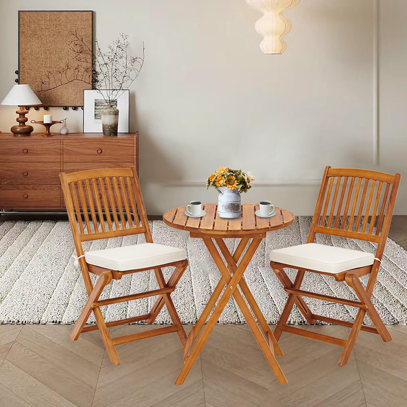 S AFSTAR 3-Piece Acacia Wood Patio Bistro Set with Folding Chairs, Round Coffee Table & Padded Cushions - Outdoor Dining Set for Garden, Balcony, Poolside, Porch & Backyard (Beige) - Perfect for Morning Coffee, Afternoon Tea, and Relaxing Evenings