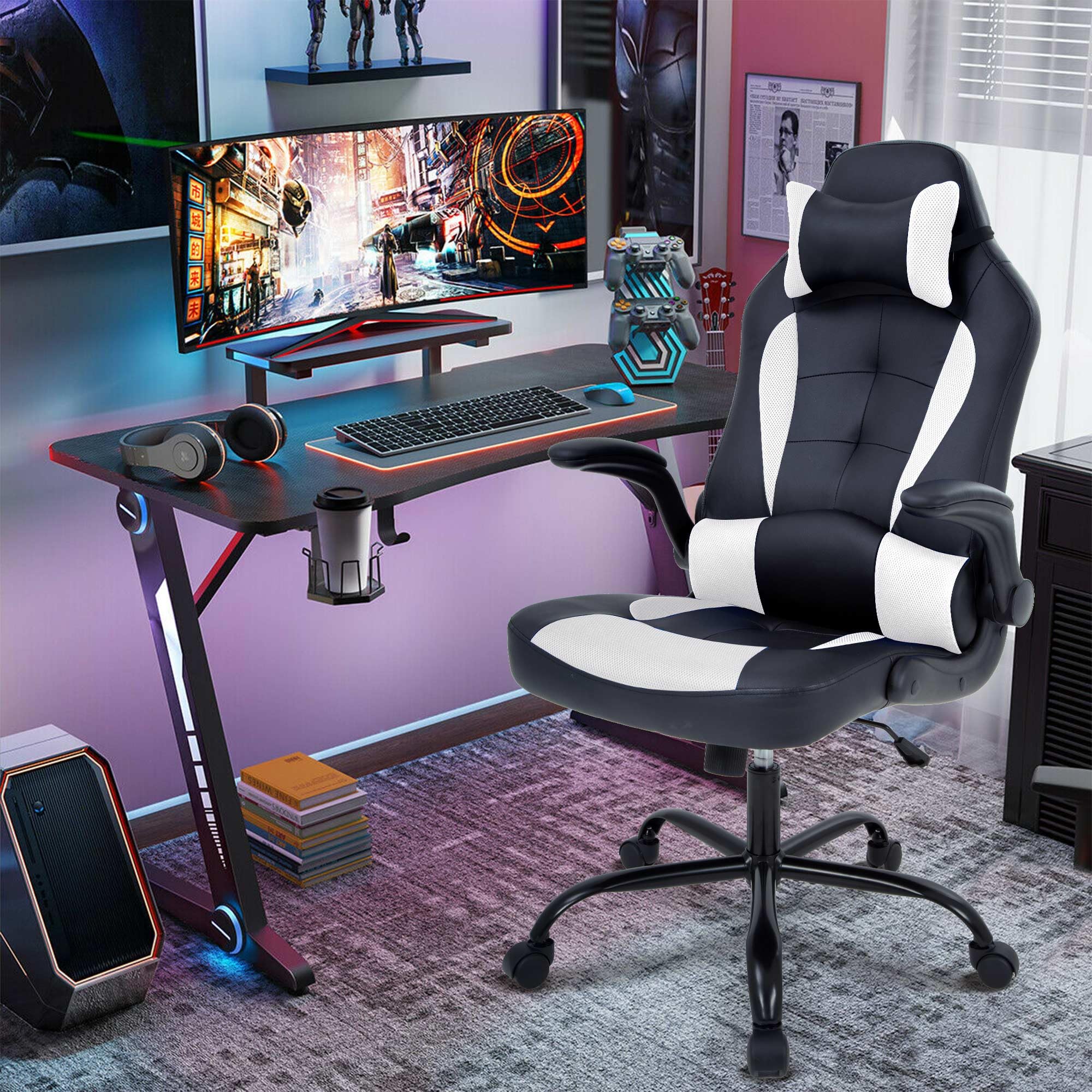 **Ergonomic Gaming Chair with Headrest & Lumbar Support - Adjustable PU Leather High Back Racing Office Chair for Adults & Kids - Perfect for PC Gaming, Work & Home Office (White)**