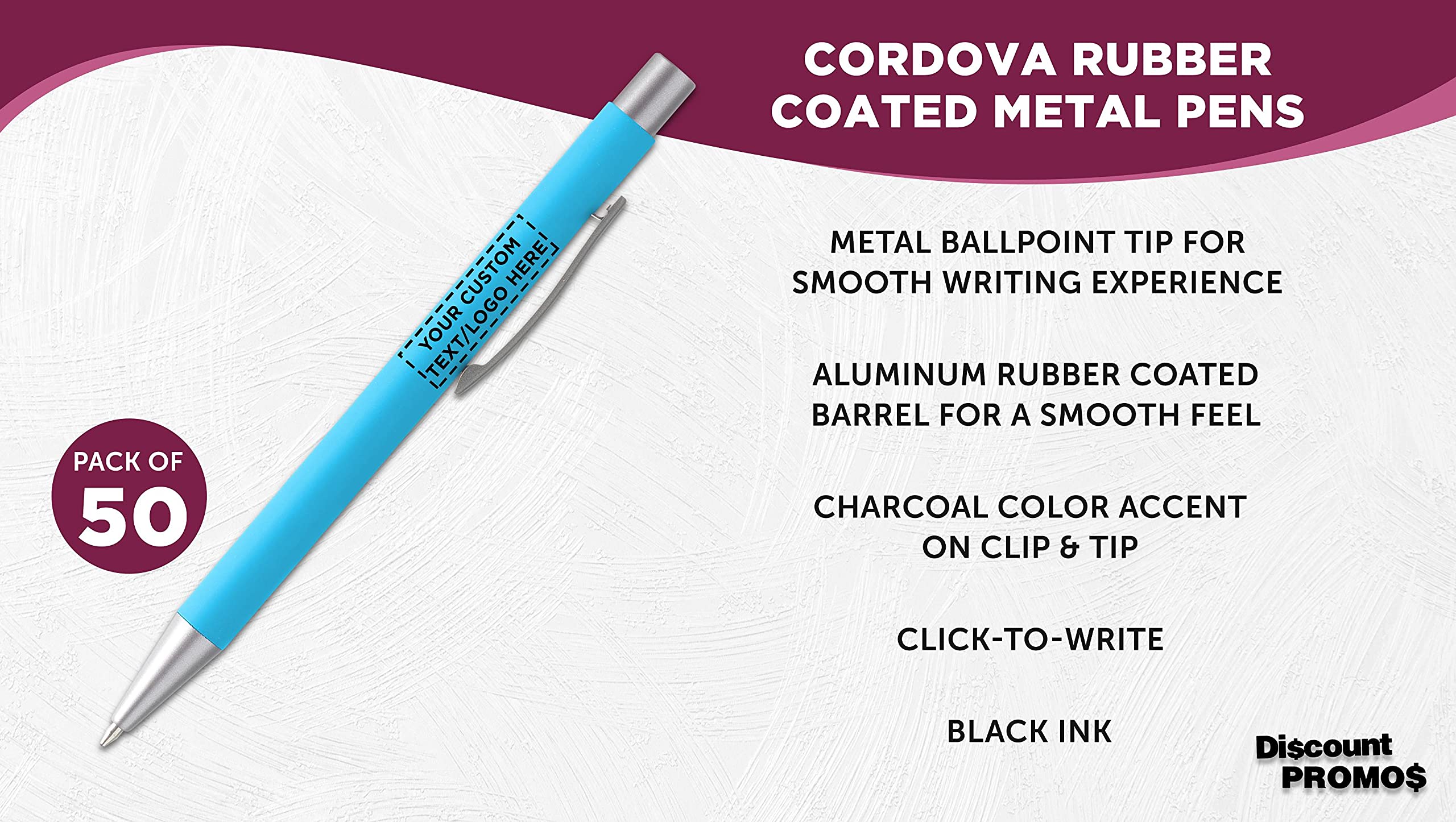50 Pack Cordova Rubber Coated Metal Pens with Custom Text/Logo - Smooth Writing Push Action Ballpoint Pens with Black Ink (Light Blue) - Perfect for Office, School, Corporate Gifts & Promotional Events