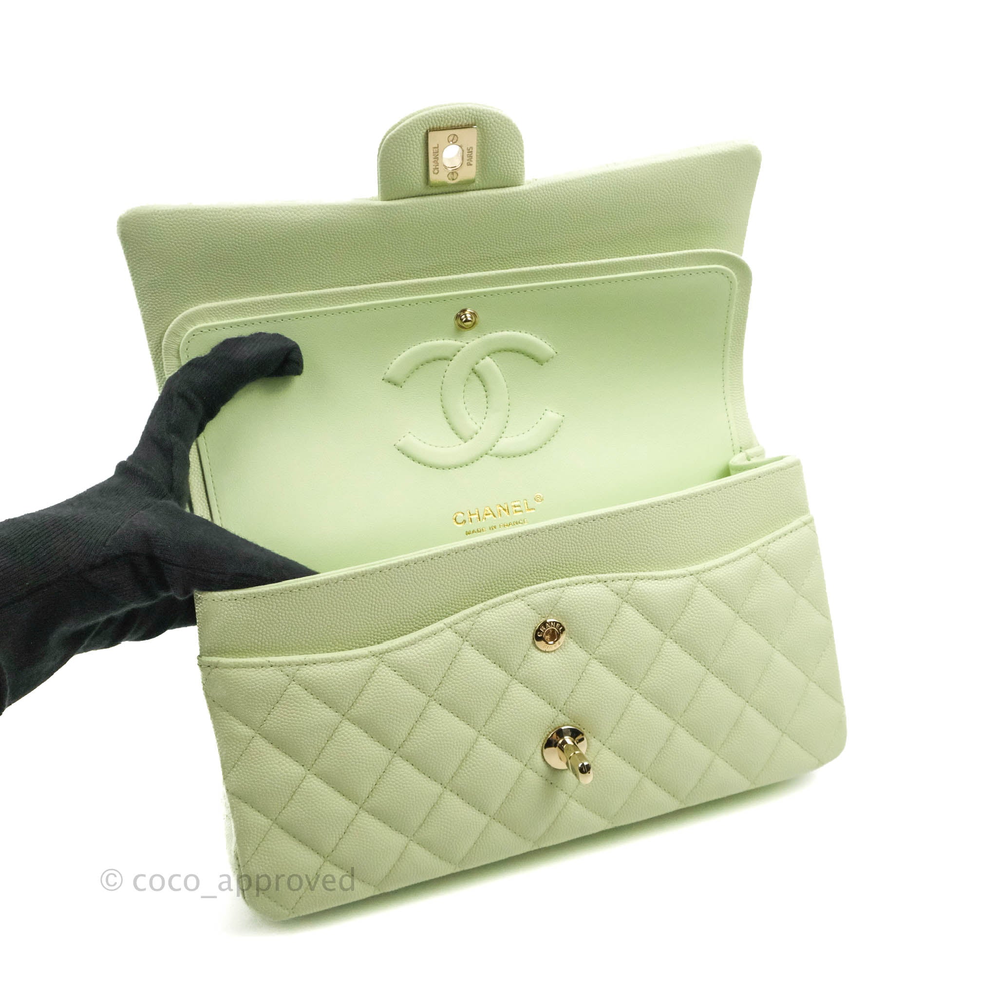 Chanel Classic M/L Medium Flap Bag in Quilted Avocado Green Caviar Leather with Gold Hardware - Luxury Handbag for Women, Perfect for Parties, Work & Everyday Use