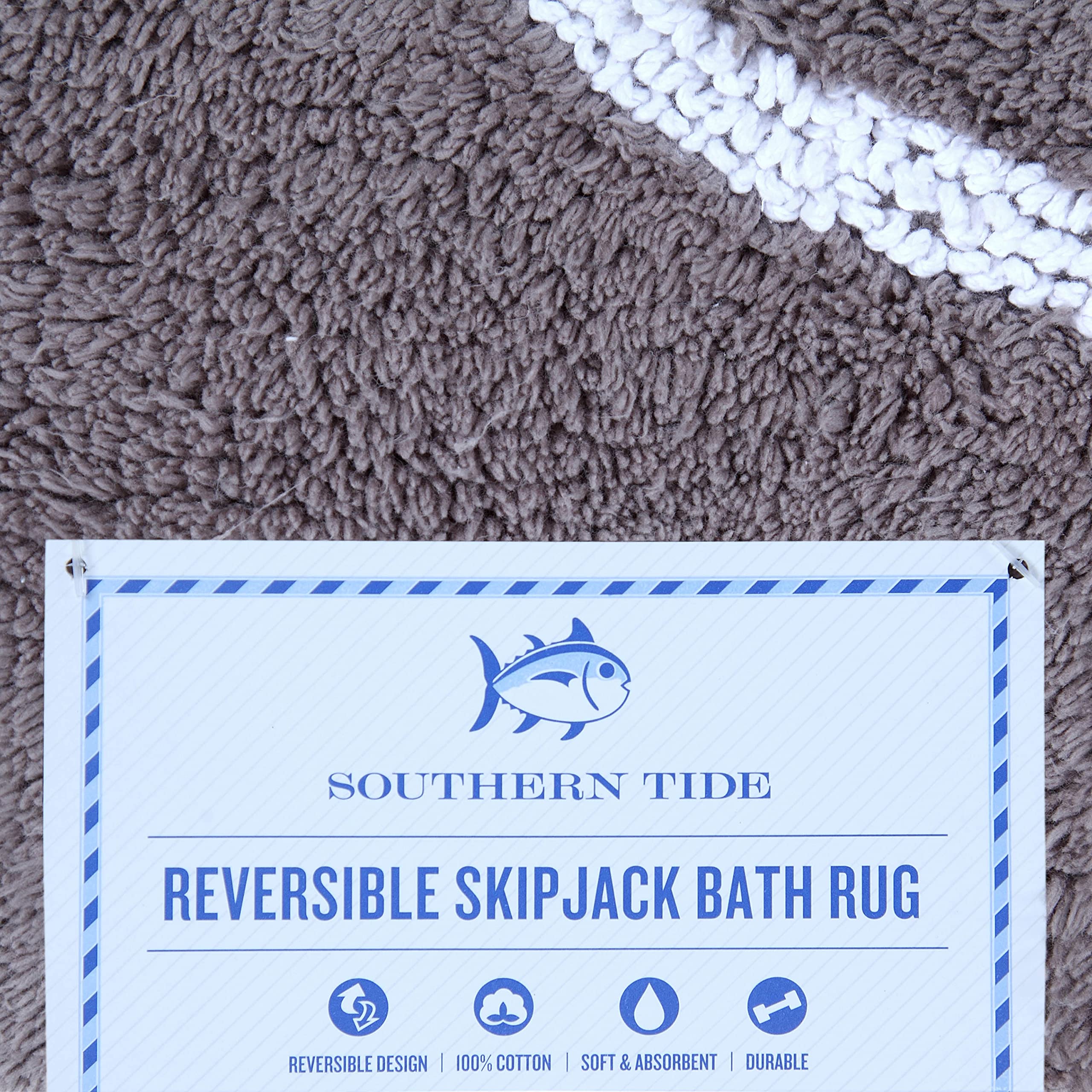 Southern Tide 7132578 Skipjack Cotton Reversible Absorbent 20x32 Inch Bath Rug - Soft Non-Slip Bathroom Mat for Shower, Tub & Vanity Areas - Gray